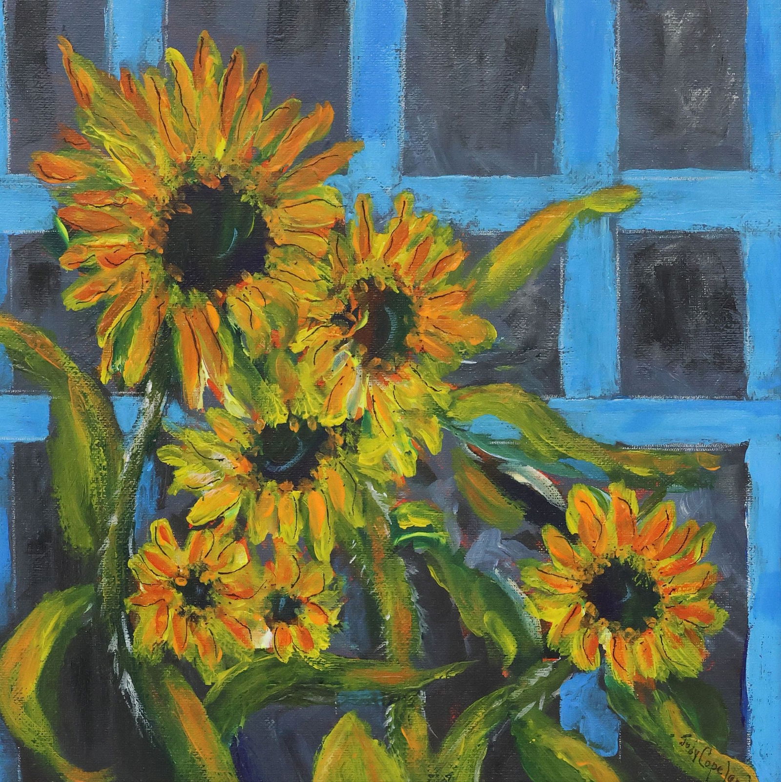 JUDY COPELAND (B.1943) ACRYLIC PAINTING, 'SUNFLOWERS' (1 of 4)