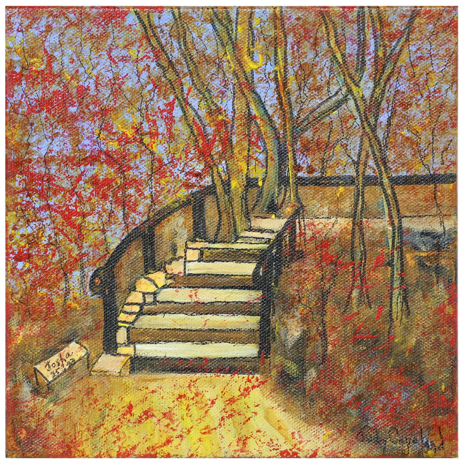 JUDY COPELAND (B.1943) ACRYLIC PAINTING 'STEPS TO THE GARDEN': Gallery-wrapped acrylic on canvas painting, "Steps to the Garden," signed lower right Judy Copeland (Louisiana, Texas, b.1943), titled on artist's label verso, overall: approx 8"h, 8"w, 1lbs