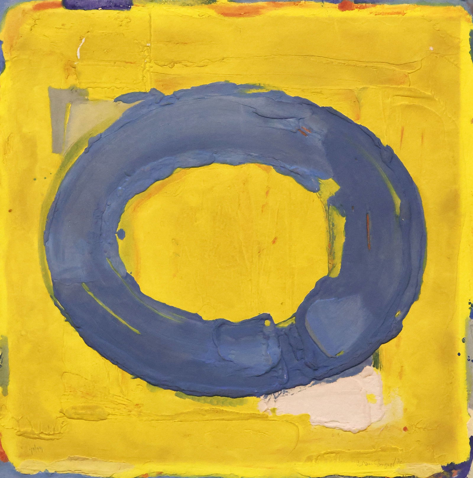 BRAM BOGART (D.2012) ABSTRACT AQUAGRAVURE PRINT, 'NOON MOON' 38" X 38": Framed color aquagravure on paper, "Noon Moon," pencil signed lower right Bram Bogart (Dutch, active in Belgium, 1921-2012), numbered 79/ 99, retaining Redfern Gallery, London label verso, frame lacki