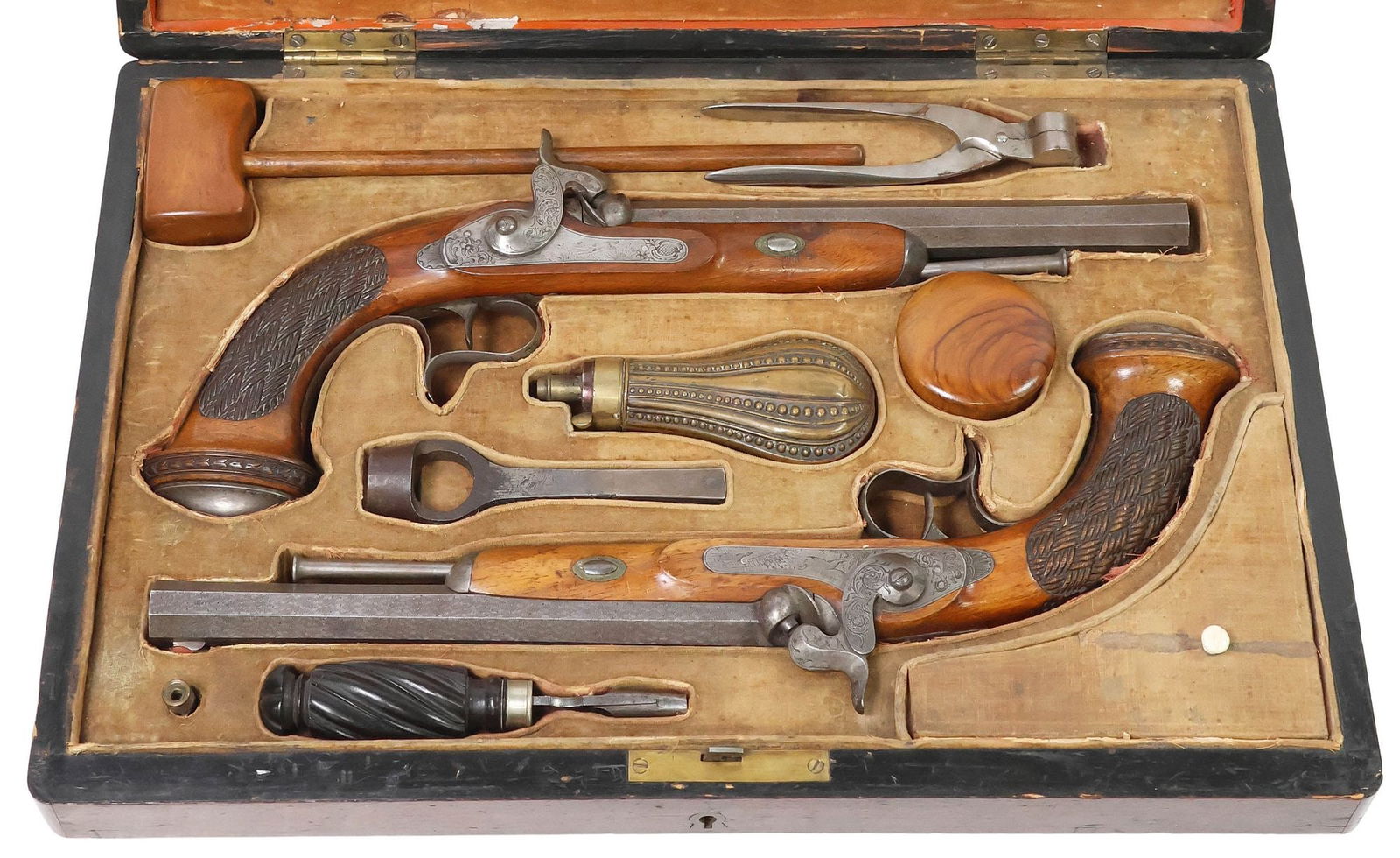 CASED MATCHED PAIR BELGIAN PERCUSSION HUNTING PISTOLS, 19TH C.: Cased Matched Pair of Percussion Pistols, Belgium, mid 19th century, approx. .48-50 caliber, octagonal 8.5" fully damascened silver tone rifled barrels slightly flared at the muzzle ends and having bl