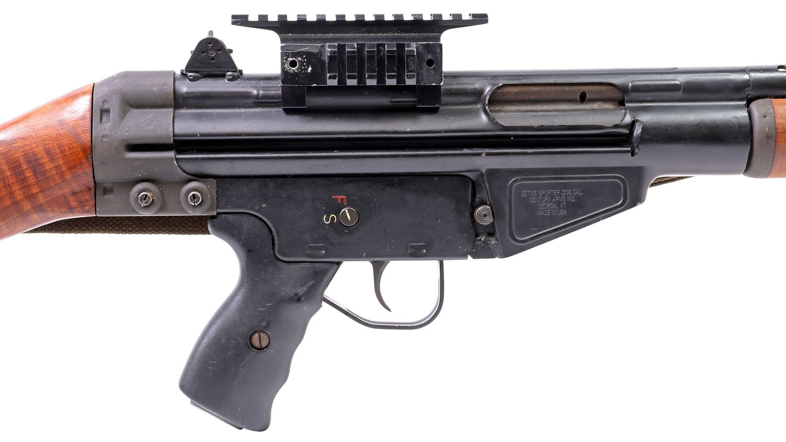 CENTURY ARMS CETME .308 SPORTER RIFLE: Century Arms CETME Sporter Rifle, auto load, .308 caliber, 20" barrel including muzzle break, sling post, bayonet lug, hooded front sight, upper accessory rail, adjustable peep rear sight, safety at l