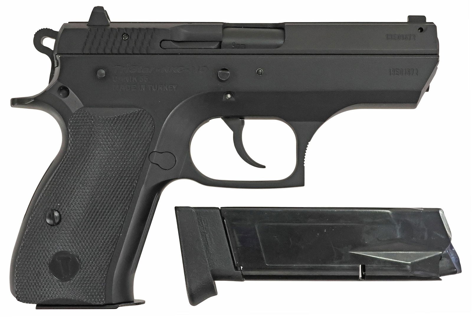 TRI-STAR MODEL T-100 PISTOL, 9MM CALIBER: Tristar NKC-Mo, Turkey, Canik 55, T-100 Pistol, auto load, 9mm caliber, double action, black finish, 3.75" barrel, white dot front and rear sights, checkered grips, detachable 14 round Tristar