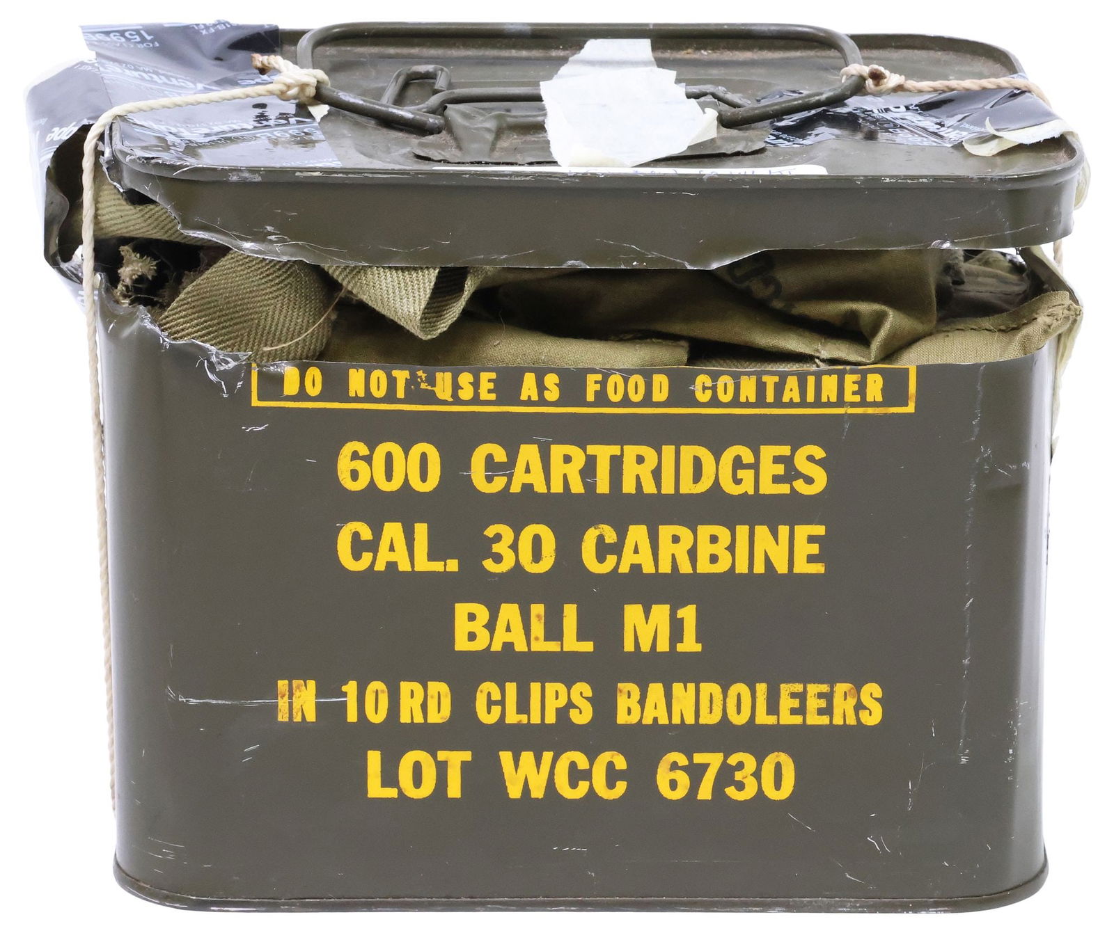 (600) AMMO: M1 CARBINE .30 CALIBER CARTRIDGES, U.S. CAN: (600) U.S. WWII era.30 Caliber Carbine ammunition, M1 ball in 10 round clip bandoleers, housed in U.S. metal can recently opened by our consignor, can case approx. 6.75' x 8.75" x 5.5",