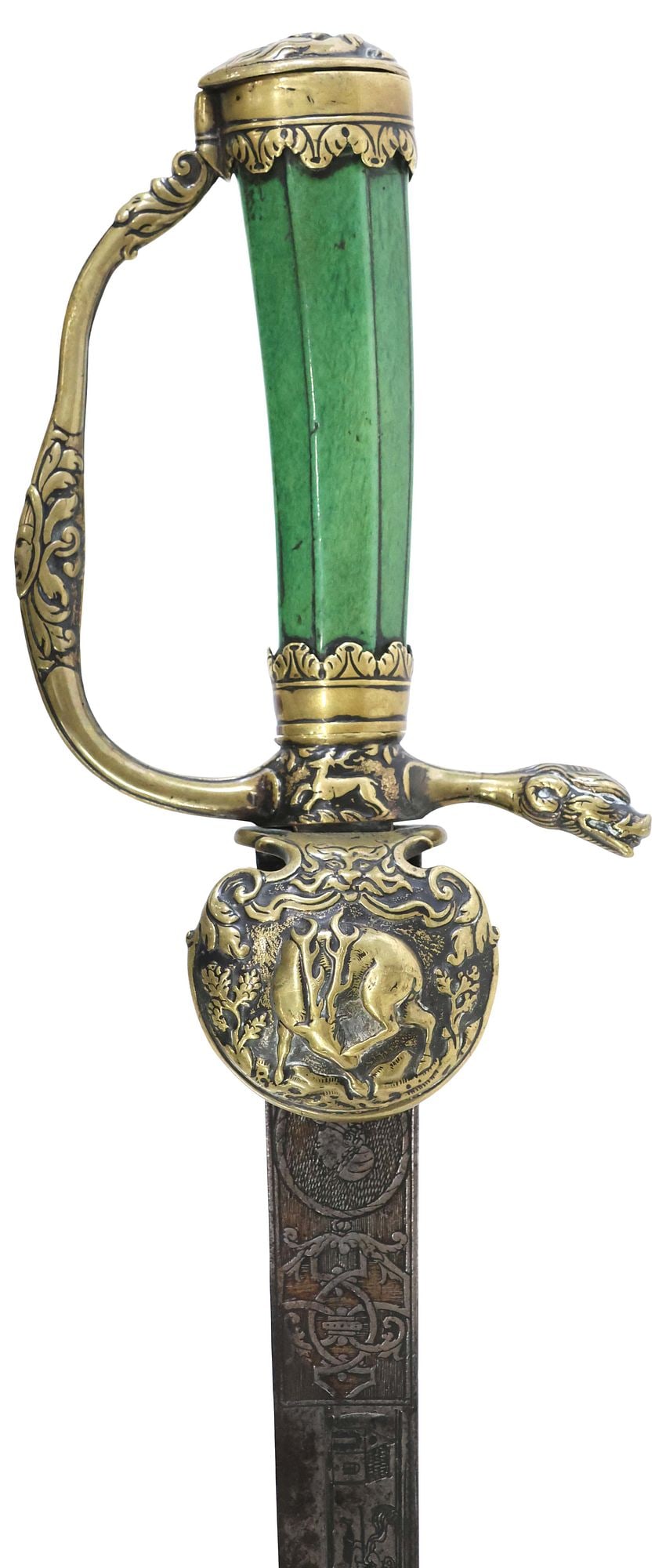 GERMAN 19TH C. HIRSCHFANGER HUNTING SWORD: German Hunting Sword also known as a Hirschfanger or Deer Catcher, first half19th century, Solingen, having a 22.25" dagger point blade, the last 6" of the false edge sharpened, the blade fullers