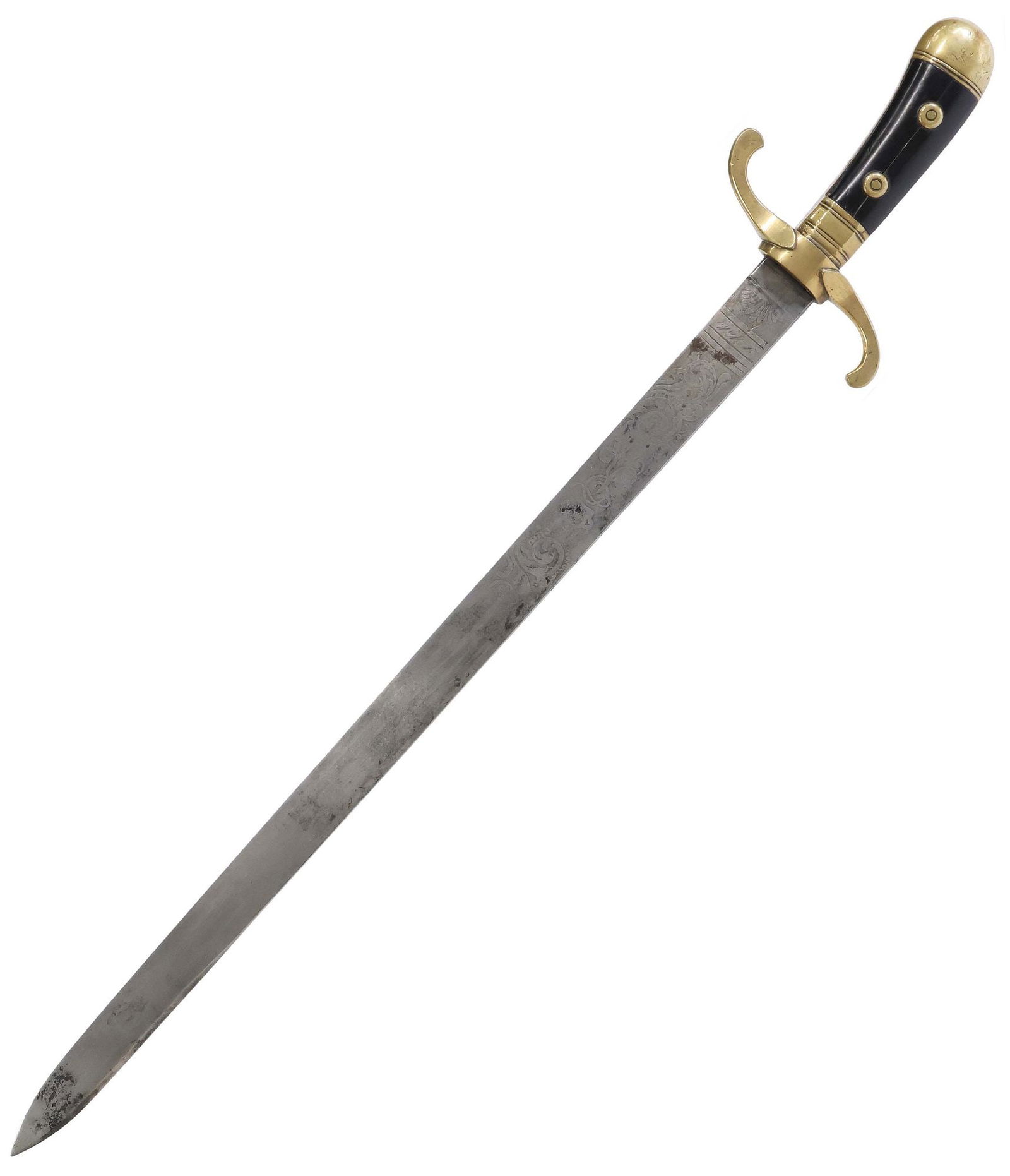 GERMAN 19TH C. HUNTING SWORD, SIGNED A. WERTH, SOLINGEN: German Hunting Sword also known as a Hirschfanger or Deer Catcher, c. 1870's, having a 20.75" spear dagger point blade partially engraved with scrolling foliate designs including a crowned wing
