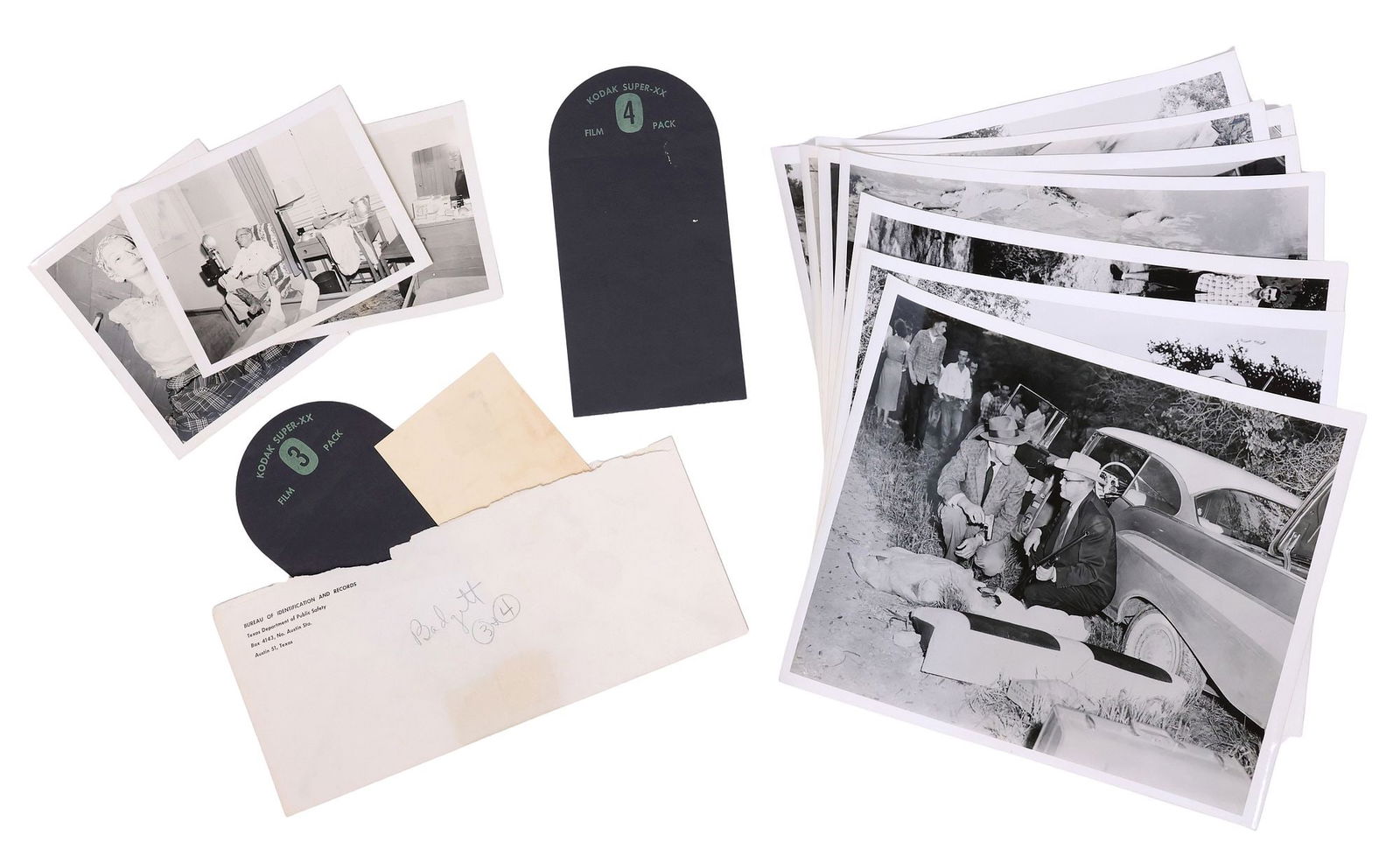 (11) TEXAS RANGERS CRIME SCENE PHOTOS, SOME GRAPHIC: (lot of 11) Texas Rangers crime scene photos, c.1960's, showing Rangers and onlookers on a scene with at one least body, late 1950's vehicles, law enforcement officers with firearms, on