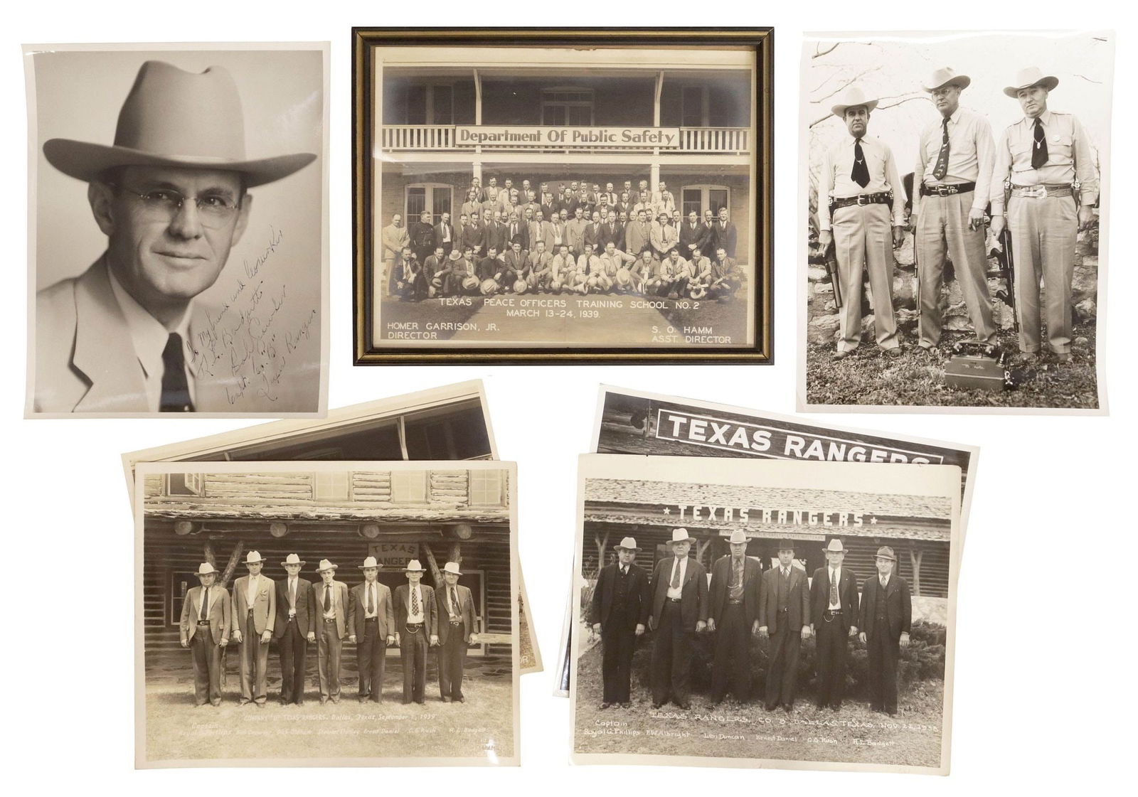(7) TEXAS RANGER PHOTOS, 1930'S-1960'S, HALL OF FAME MEMBERS: (lot of 7) Texas Rangers photos: (2) Texas Rangers 1939 training school photographs, one framed, Texas Department of Public Safety, Homer Garrison, Jr., Director (1901-1968), Chief of Texas Range