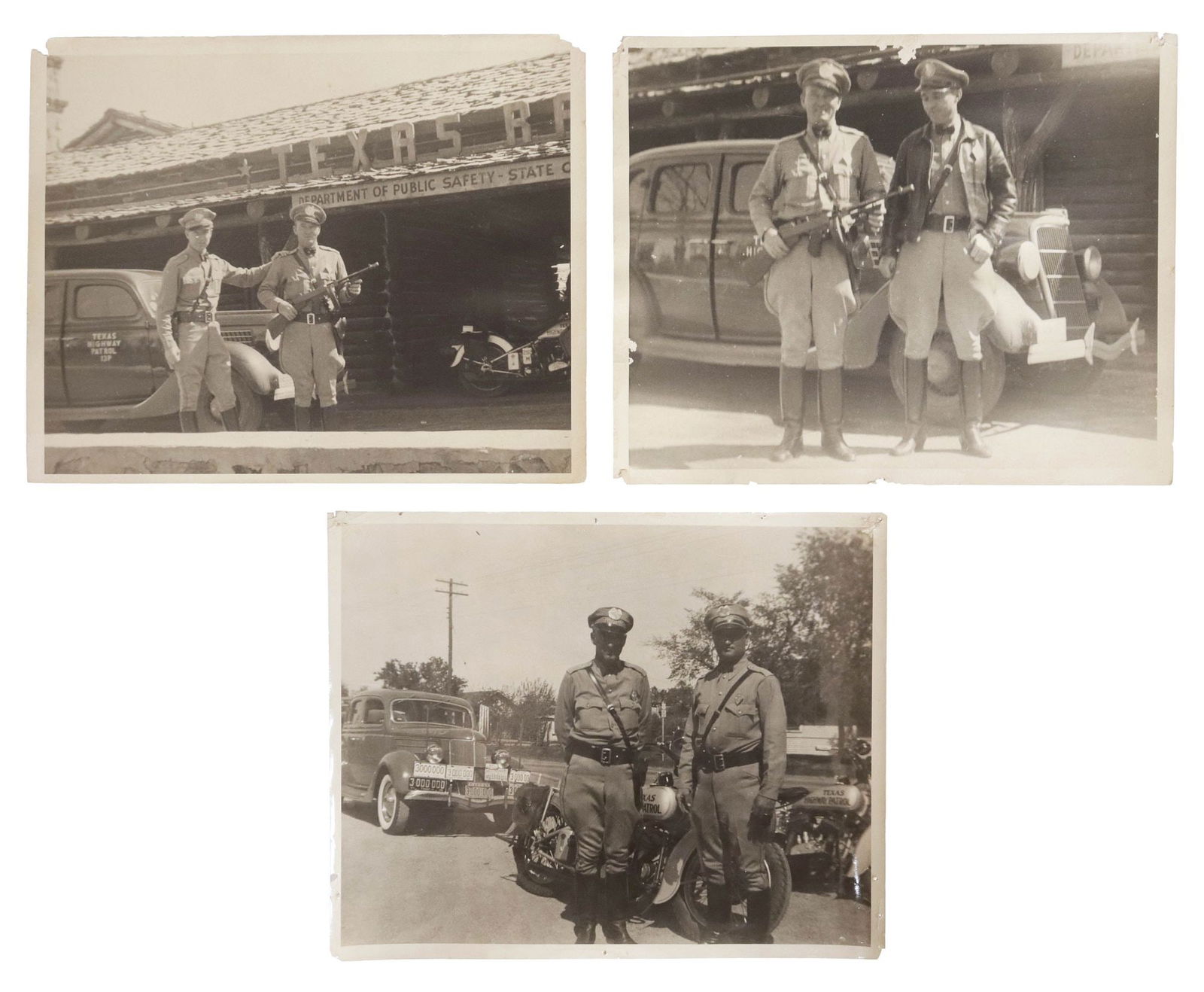 (3) TEXAS 1930'S HIGHWAY PATROL MOTORCYCLES AND MACHINE GUNS: (lot of 3) Texas Highway Patrol, 1930's photographs: (2) showing armed patrol officers, one holding a Thompson sub-machine gun; (1) two uniformed highway patrol officers with their Harle