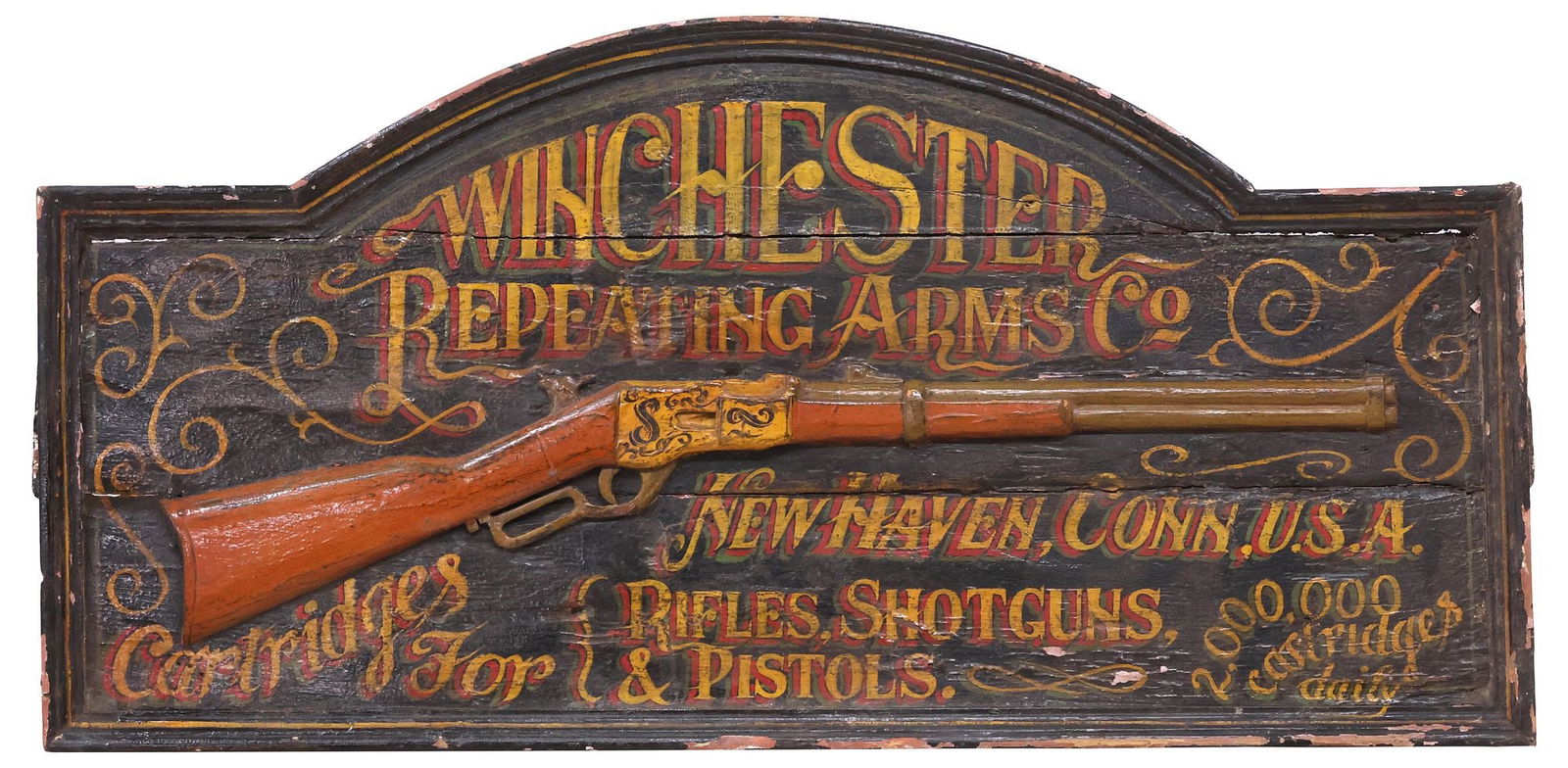 DECORATIVE PRINTED WOOD SHOP ADVERTISING SIGN, WINCHESTER FIREARMS (1 of 2)