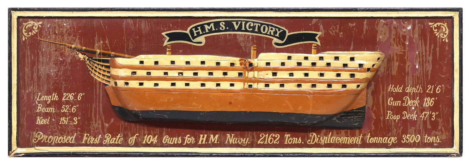 ENGLISH DECORATIVE PRINTED WOOD SIGN, 'HMS VICTORY' SAILING NAVAL SHIP: Decorative English wood sign, 20th c., print laid on board, in an antiqued finish, central sailing ship in relief, modeled as the British Navy vessel the HMS Victory, with inscribed size and weight sp