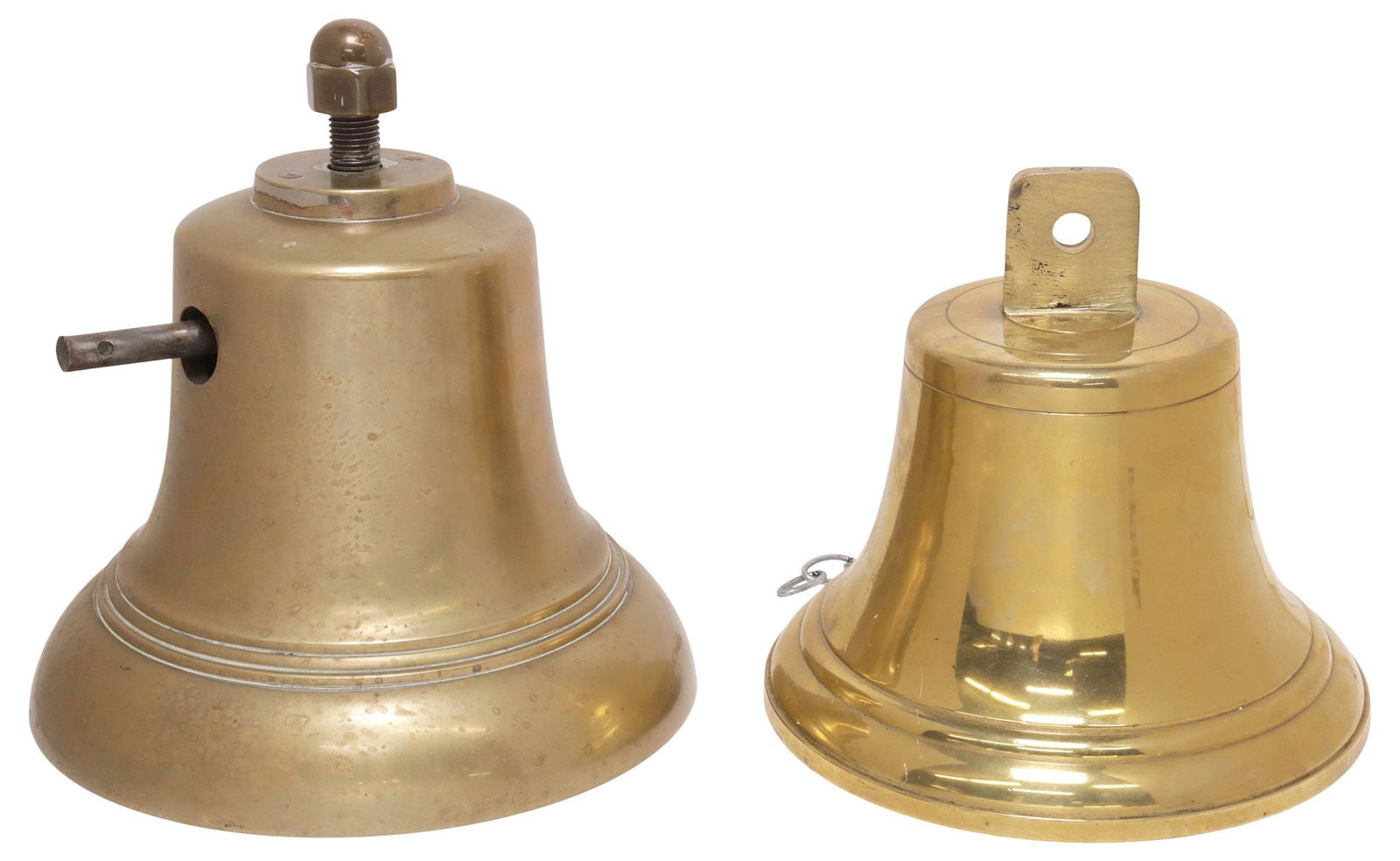 (2) LARGE PATINATED METAL SHIP'S BELLS & WALL BRACKETS: (lot of 2) Patinated metal bells, possibly bronze, early 20th c., each with wall bracket, including: (1) having removable finial and extended clapper strut, (1) with top-mounted cast iron bracket and