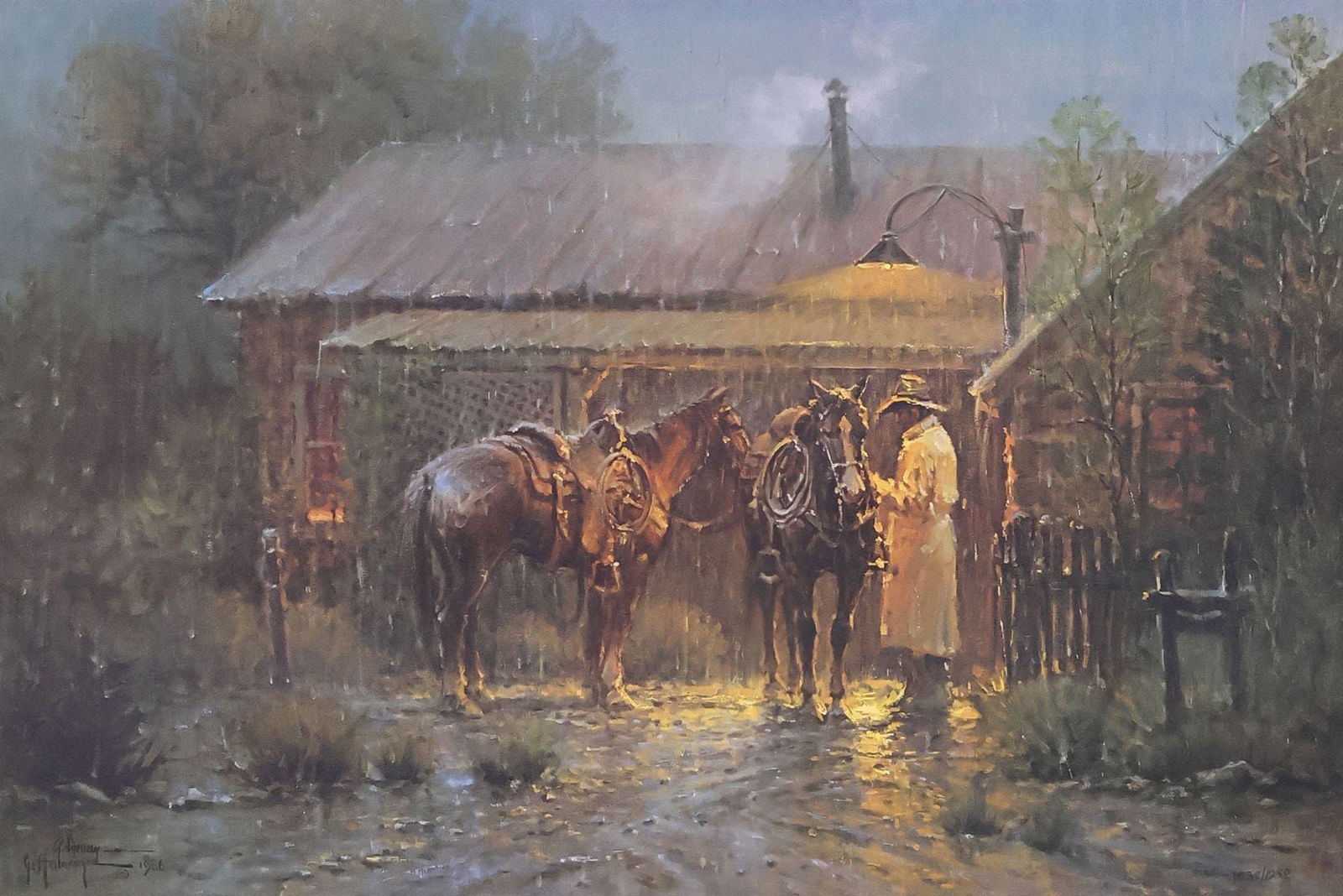 SIGNED G. HARVEY (D.2017) LIMITED-EDITION PRINT, 'TEXAS RANCHER': Framed limited-edition print on paper, "Texas Rancher," signed G. Harvey (Gerald Harvey Jones, Texas, 1933-2017) in print and pen, numbered 1038/ 1250, dated in print 1986, sight: approx 17.75"h, 26.7