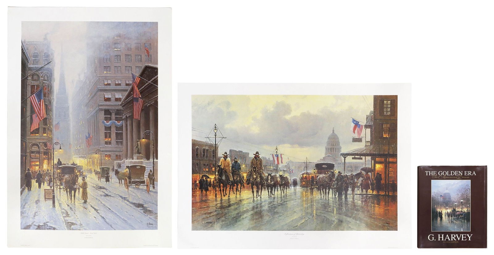 (3) G. HARVEY LIMITED-EDITION SIGNED PRINTS & ART BOOK: 'THE GOLDEN ERA': (lot of 3) Prints and book by G. Harvey (Gerald Harvey Jones, Texas, 1933-2017), published by Somerset House Limited, including: (2) unframed limited-edition prints on paper, both signed in print and