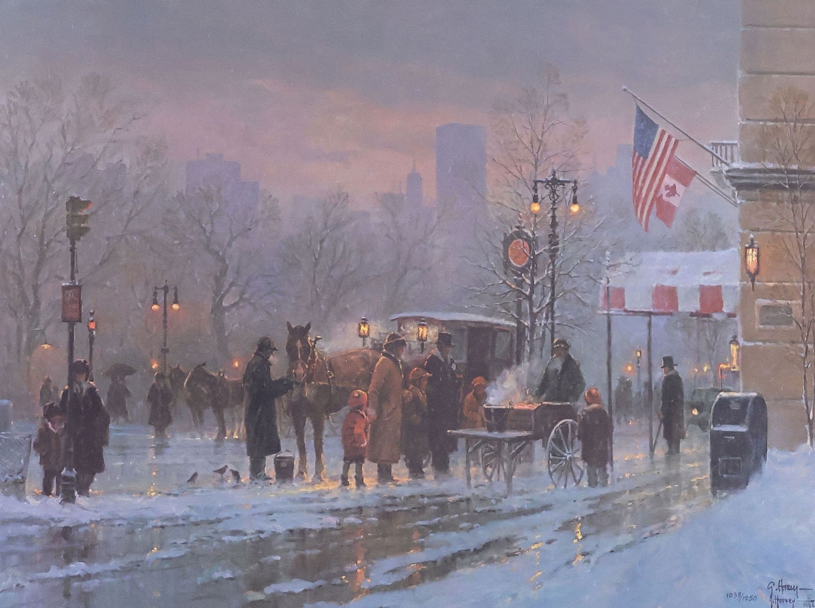 SIGNED G. HARVEY (D.2017) LIMITED-EDITION PRINT, 'CHESTNUT VENDOR': Framed limited-edition print on paper, "The Chestnut Vendor," signed G. Harvey (Gerald Harvey Jones, Texas, 1933-2017) in print and pen, numbered 1038/ 1250, dated in print 1984, sight: approx 17.5"h,