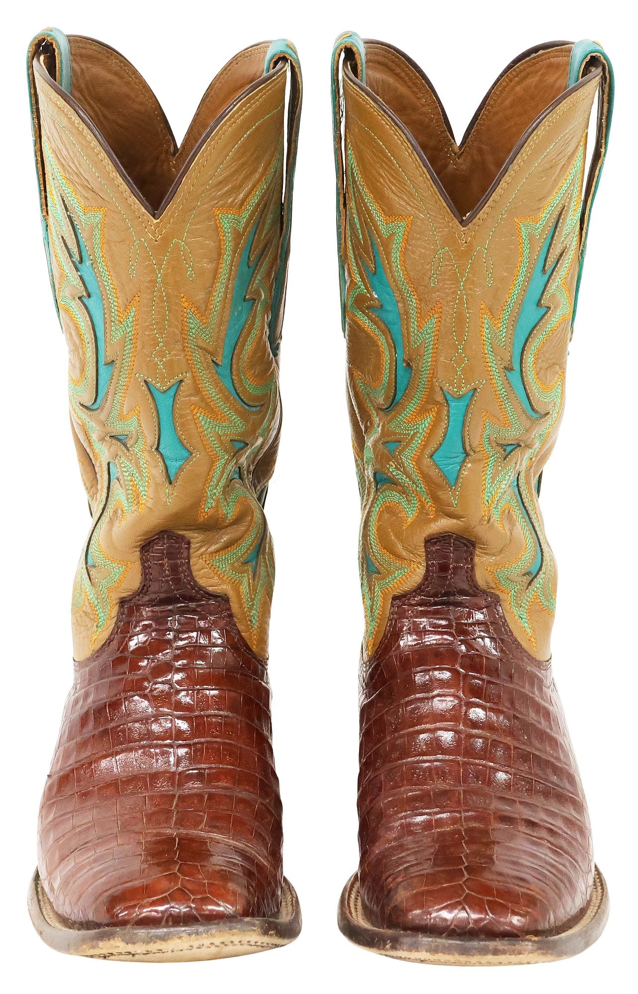 (PAIR) MEN'S LUCCHESE ROWDY CAIMAN STITCHED LEATHER COWBOY BOOTS - 2