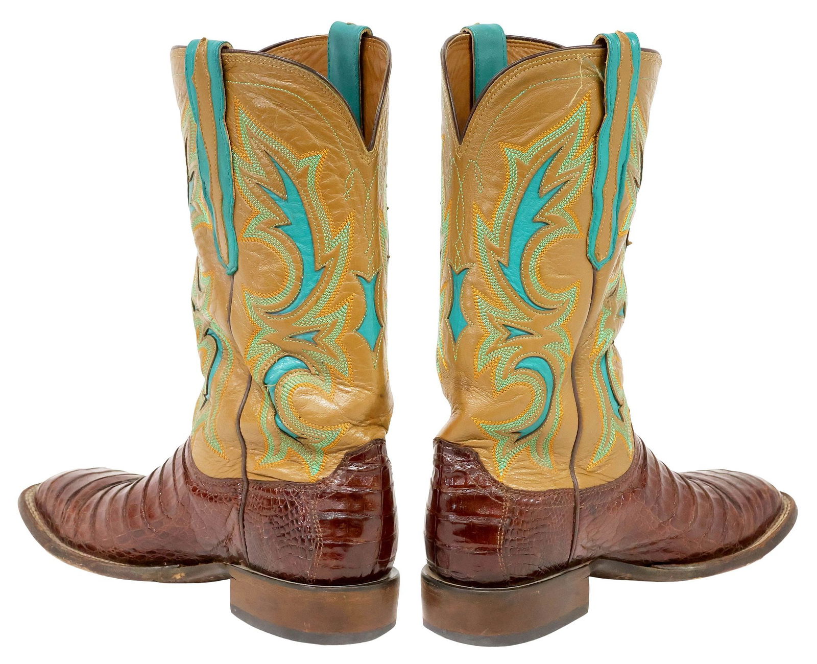 (PAIR) MEN'S LUCCHESE ROWDY CAIMAN STITCHED LEATHER COWBOY BOOTS - 3