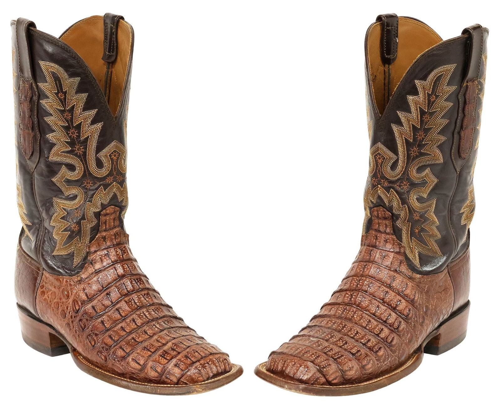 (PAIR) MEN'S LUCCHESE STITCHED BROWN CAIMAN LEATHER COWBOY BOOTS (1 of 7)