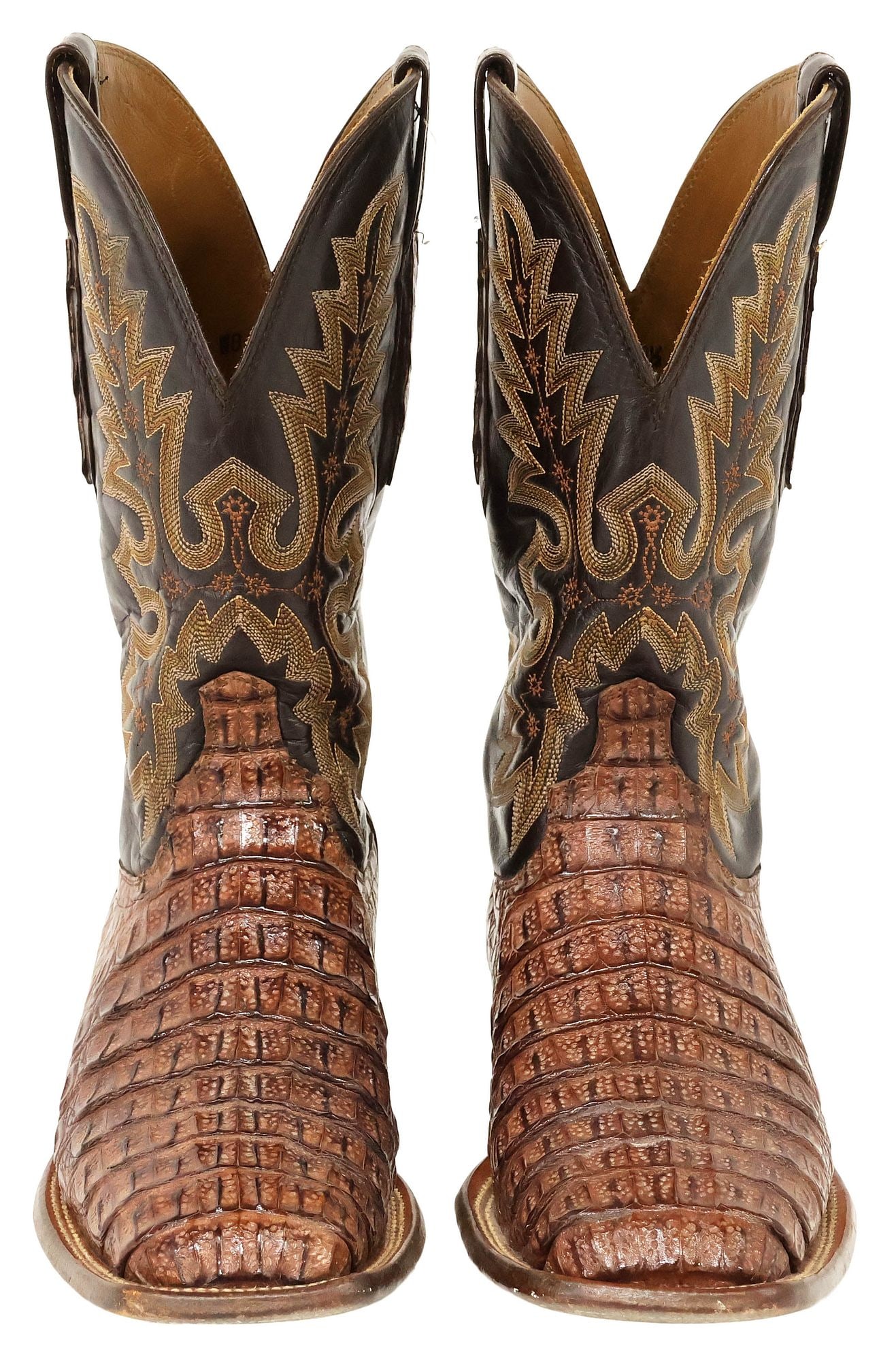 (PAIR) MEN'S LUCCHESE STITCHED BROWN CAIMAN LEATHER COWBOY BOOTS - 2