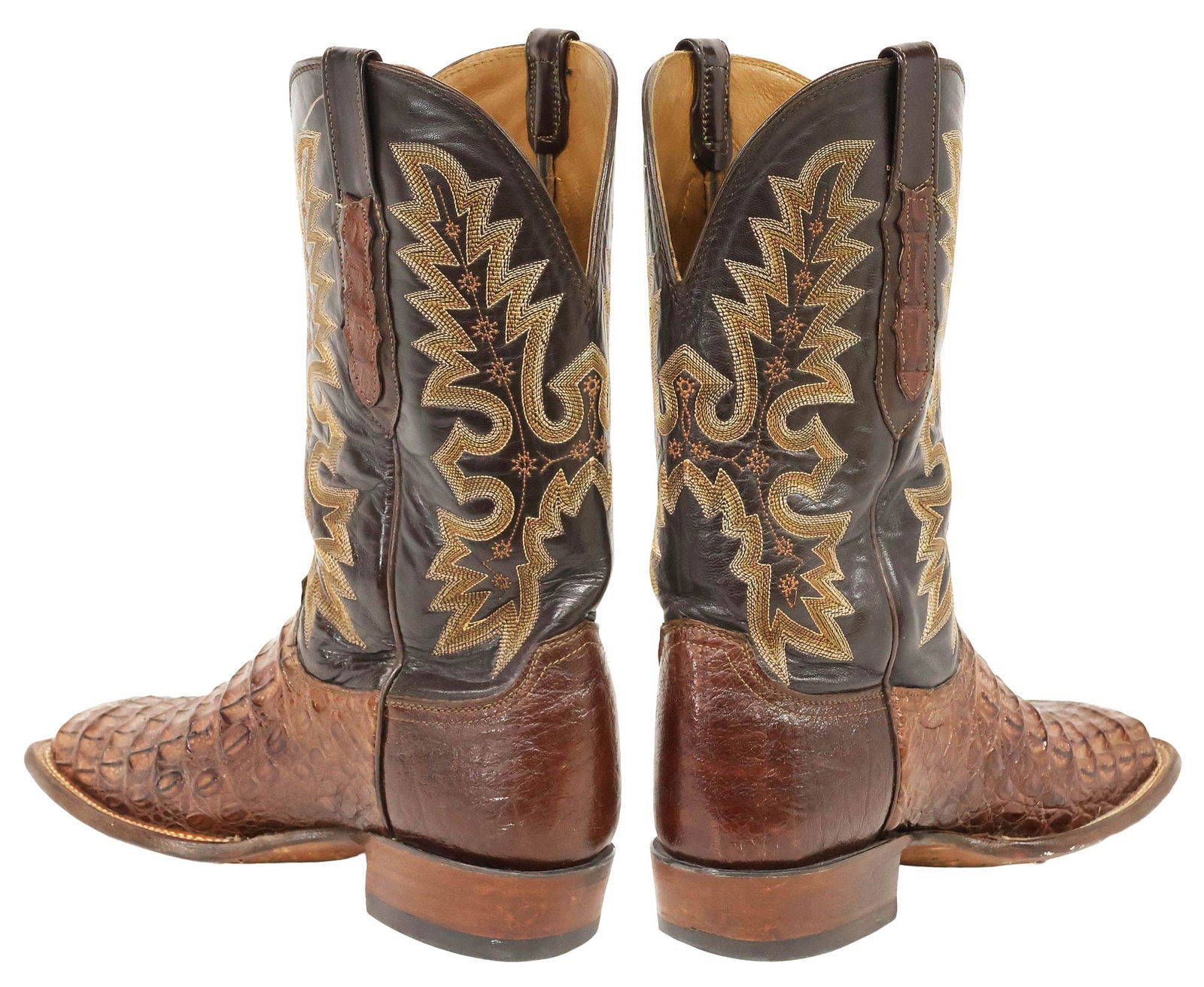 (PAIR) MEN'S LUCCHESE STITCHED BROWN CAIMAN LEATHER COWBOY BOOTS - 3