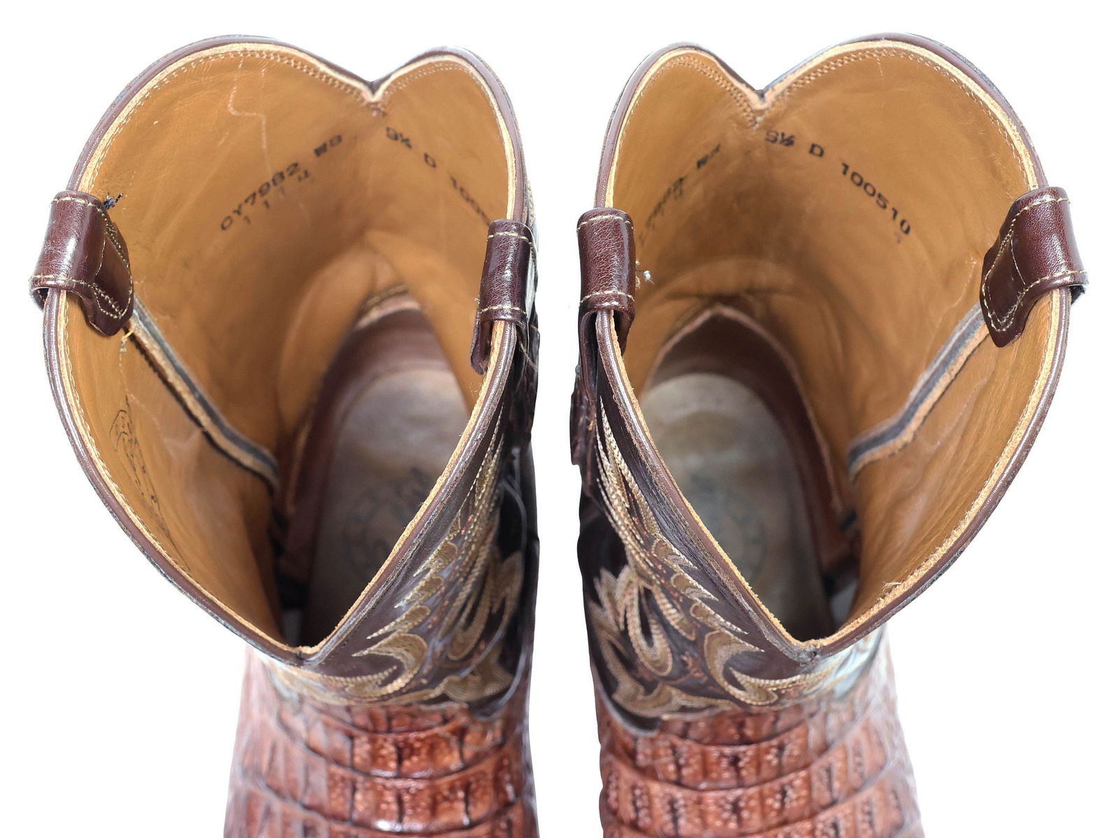 (PAIR) MEN'S LUCCHESE STITCHED BROWN CAIMAN LEATHER COWBOY BOOTS - 4