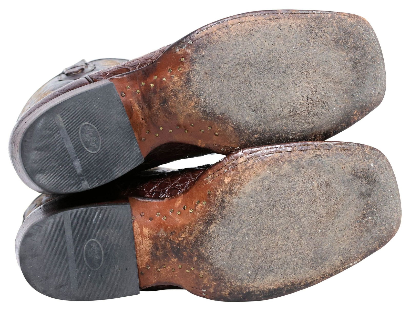 (PAIR) MEN'S LUCCHESE STITCHED BROWN CAIMAN LEATHER COWBOY BOOTS - 7