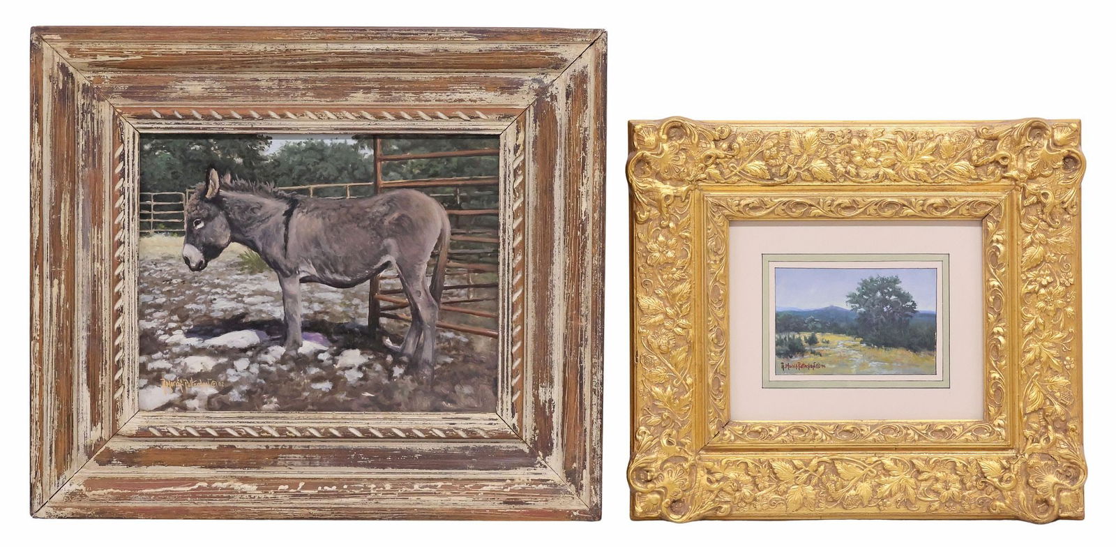(2) RICK MORRIS PATTERSON (TEXAS, B.1958) WESTERN PAINTINGS: (lot of 2) Framed paintings by Rick Morris Patterson (Texas, Oregon, b.1958), including: (1) Still Waiting, oil on board, depicts a donkey in a corral, signed and dated 2002 lower left, sight: approx