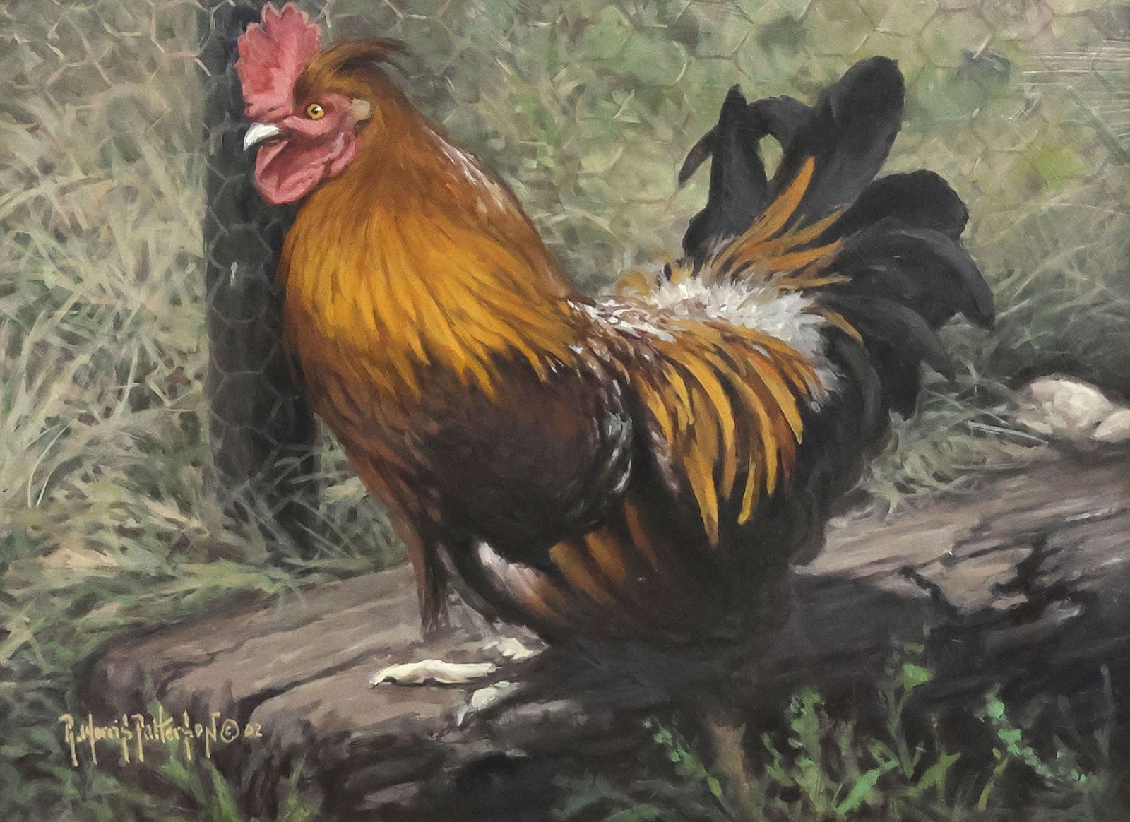 RICK MORRIS PATTERSON (TEXAS, B.1958) OIL PAINTING, "BANTEE ROOSTER": Framed oil painting on Masonite,"Bantee Rooster," signed lower left Rick Morris Patterson (Texas, Oregon, b.1958), dated "12-8-02," titled with inventory number verso, sight: approx 11.5"h, 15.25"w, o