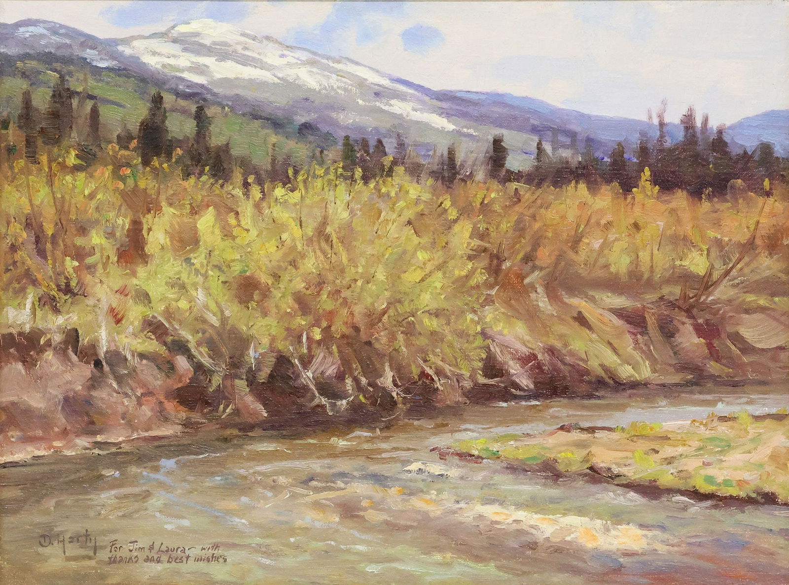 DWAYNE HARTY (B.1957) PLEIN AIR LANDSCAPE PAINTING, 'MOOSE CREEK, IDAHO': Framed oil on linen painting, "Moose Creek, Victor, Idaho," signed lower right D. Harty (Dwayne Harty, Saskatchewan, Canada, b.1957), with artist's dedication "for Jim & Laura, with thanks and best wi
