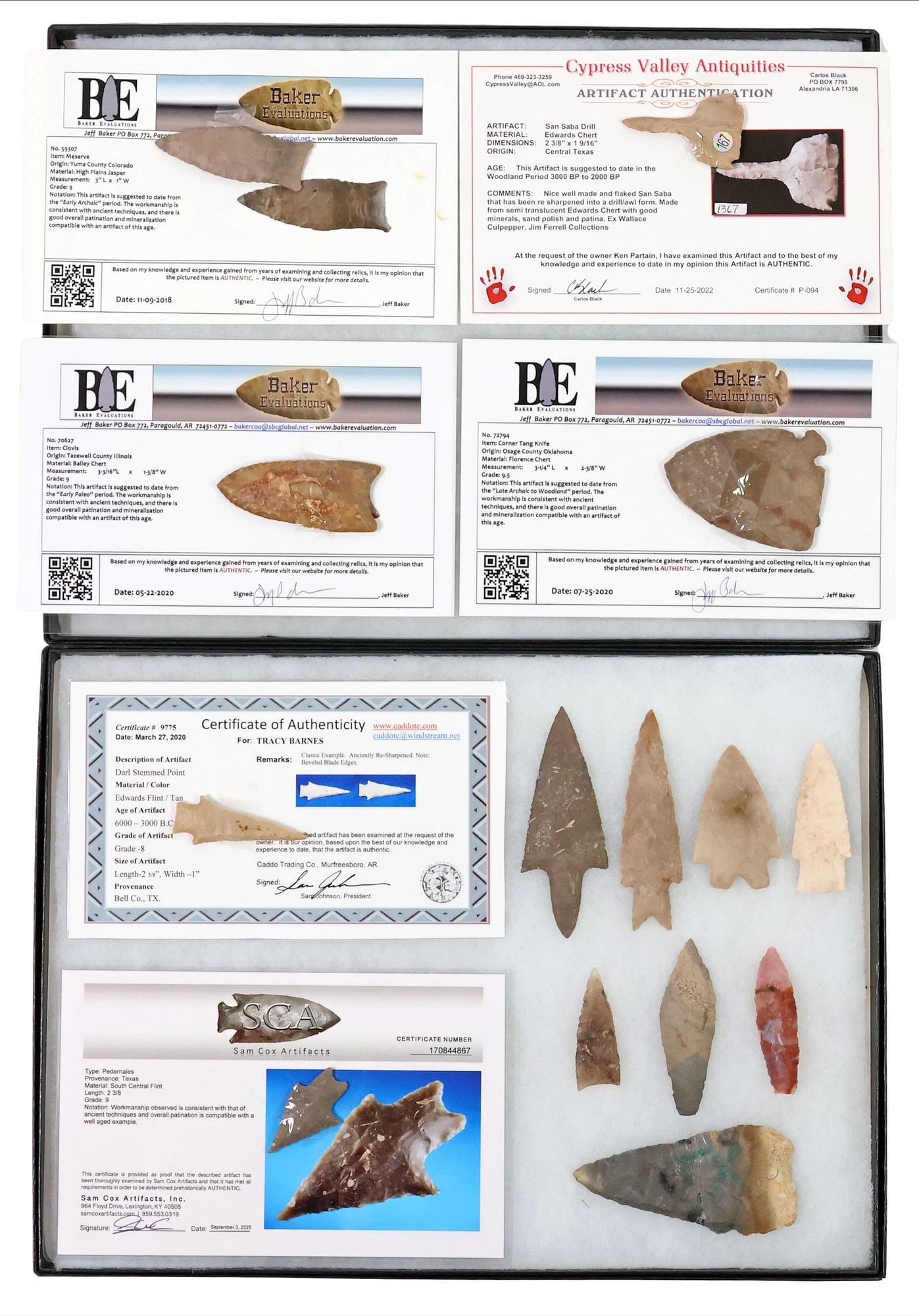 (14) STONE ARROWHEADS, SPEAR POINTS & TOOLS IN RIKER BOXES, 6 WITH COA: (lot of 14) Stone arrowheads, spear points, and tools, many Native American Archaic and Paleo items, housed in two Riker boxes, highlights include: (3) accompanied by certificate of authenticity issue