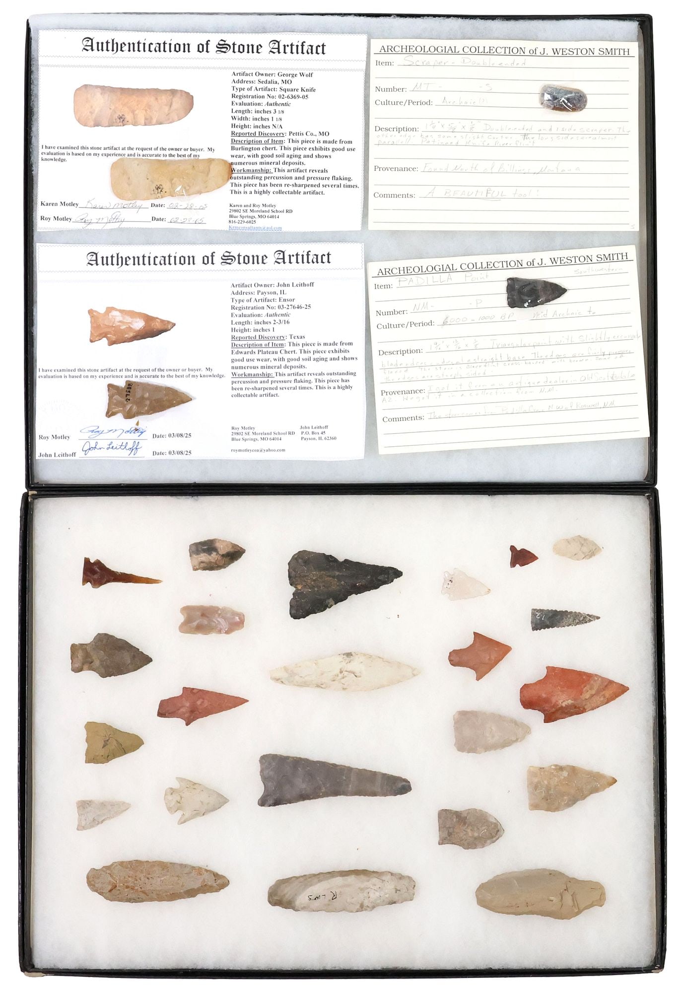 (27) STONE ARROWHEADS, SPEAR POINTS & TOOLS IN RIKER BOXES, 2 WITH COA (1 of 7)