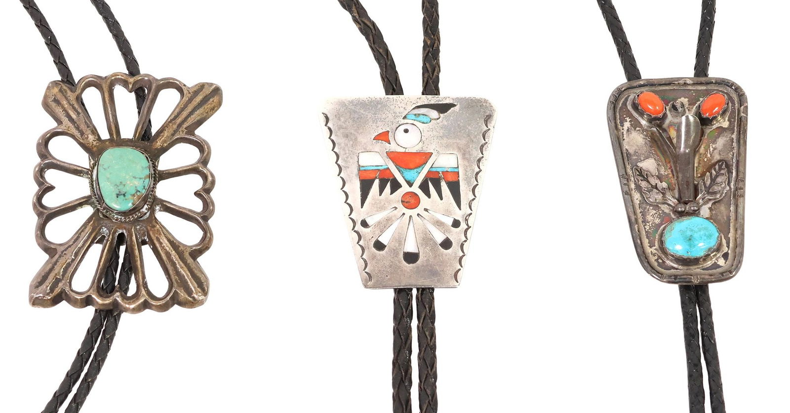 (4) NATIVE AMERICAN TIM GUERRO & SOUTHWEST STYLE BOLO TIES: (lot of 4) Native American and Southwest style bolo ties, all on braided leather cord with silver (content unknown) tips, including: (1) sterling silver bolo, Tim Guerro (Navajo/ Dine, 20th c.), with