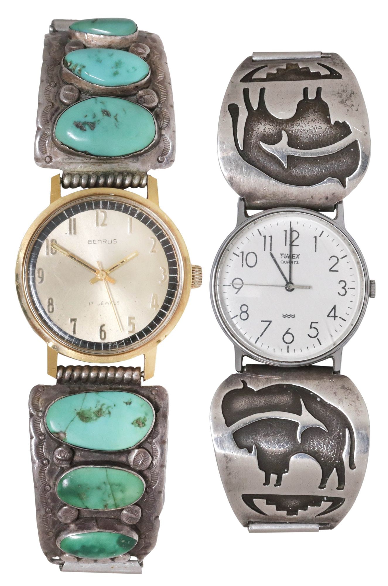 (2) NATIVE AMERICAN SILVER OVERLAY & TURQUOISE WATCH BAND TIPS (1 of 7)