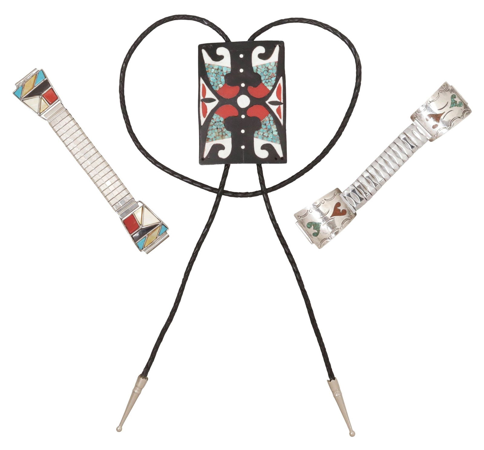 (3) SOUTHWEST STYLE SILVER & CHIP INLAID JEWELRY, WATCH TIPS & BOLO TIE (1 of 7)