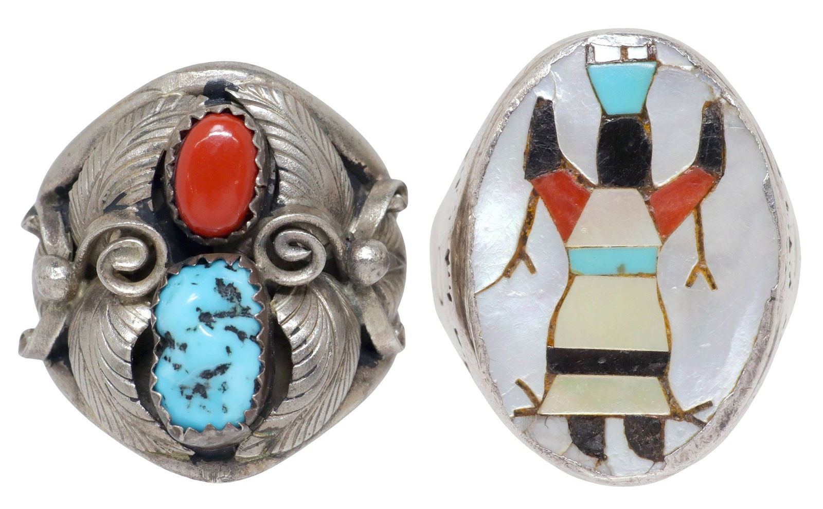 (2) NATIVE AMERICAN ZUNI & NAVAJO SILVER & GEMSTONE GENT'S RINGS (1 of 4)