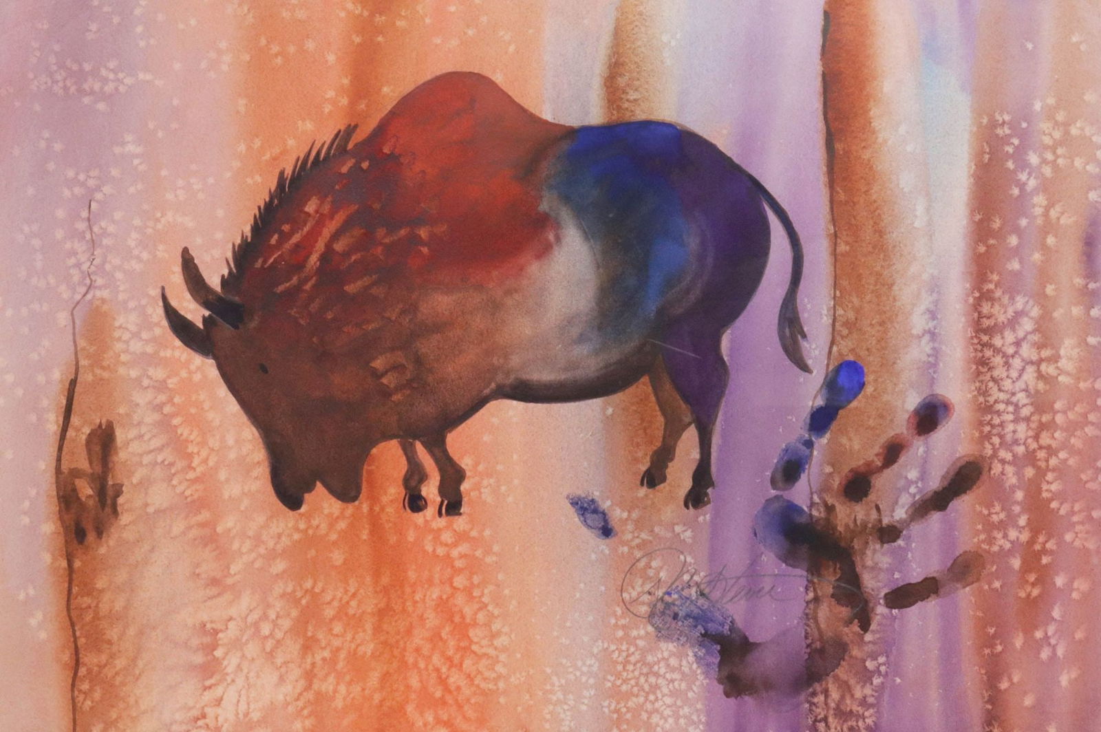 SIGNED WATERCOLOR PAINTING, BISON & HANDPRINT: Framed watercolor on paper painting, Abstract Bison and Handprint, signed illegibly lower right (20th c.), sight: approx 14"h, 21"w, overall: approx 23.25"h, 30.25"w, 5lbs