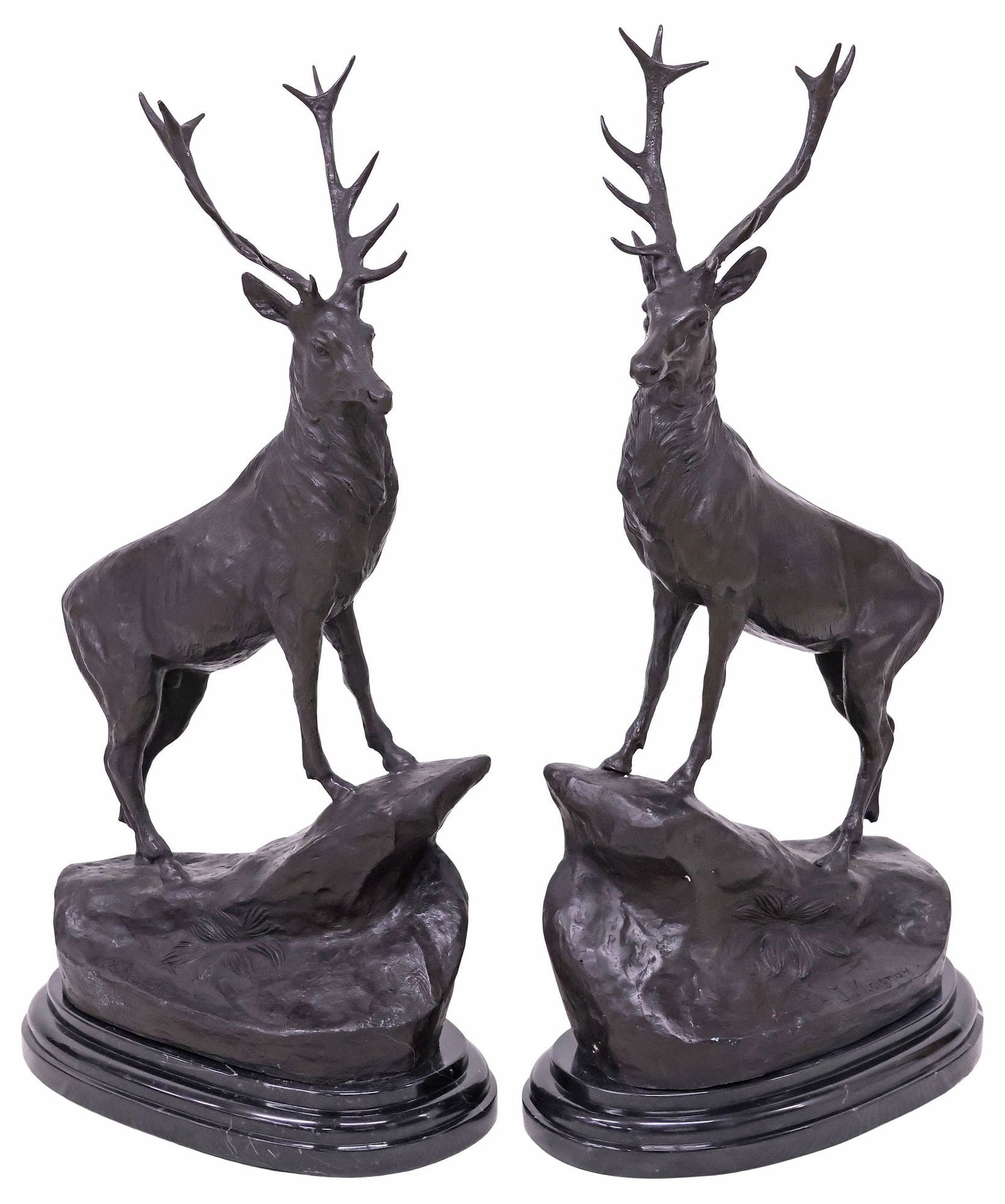 (2) AFTER JULES MOIGNIEZ LARGE PATINATED BRONZE STAGS: (pair) Large patinated bronze sculptures, signed in cast after Jules Moigniez (French, 1835-1894), depicting stag standing over naturalistic rocky outcrop, on stepped marble plinth, approx 29"h,