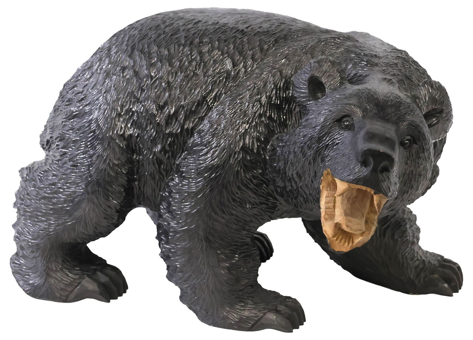 LARGE JAPANESE HOKKAIDO AINU STYLE CARVED WOOD BEAR SCULPTURE: Large Japanese Ainu style carved wood bear sculpture, likely Hokkaido, 20th c., modeled as a bear standing with mouth agape, in a black-painted finish, incised characters under back foot, approx