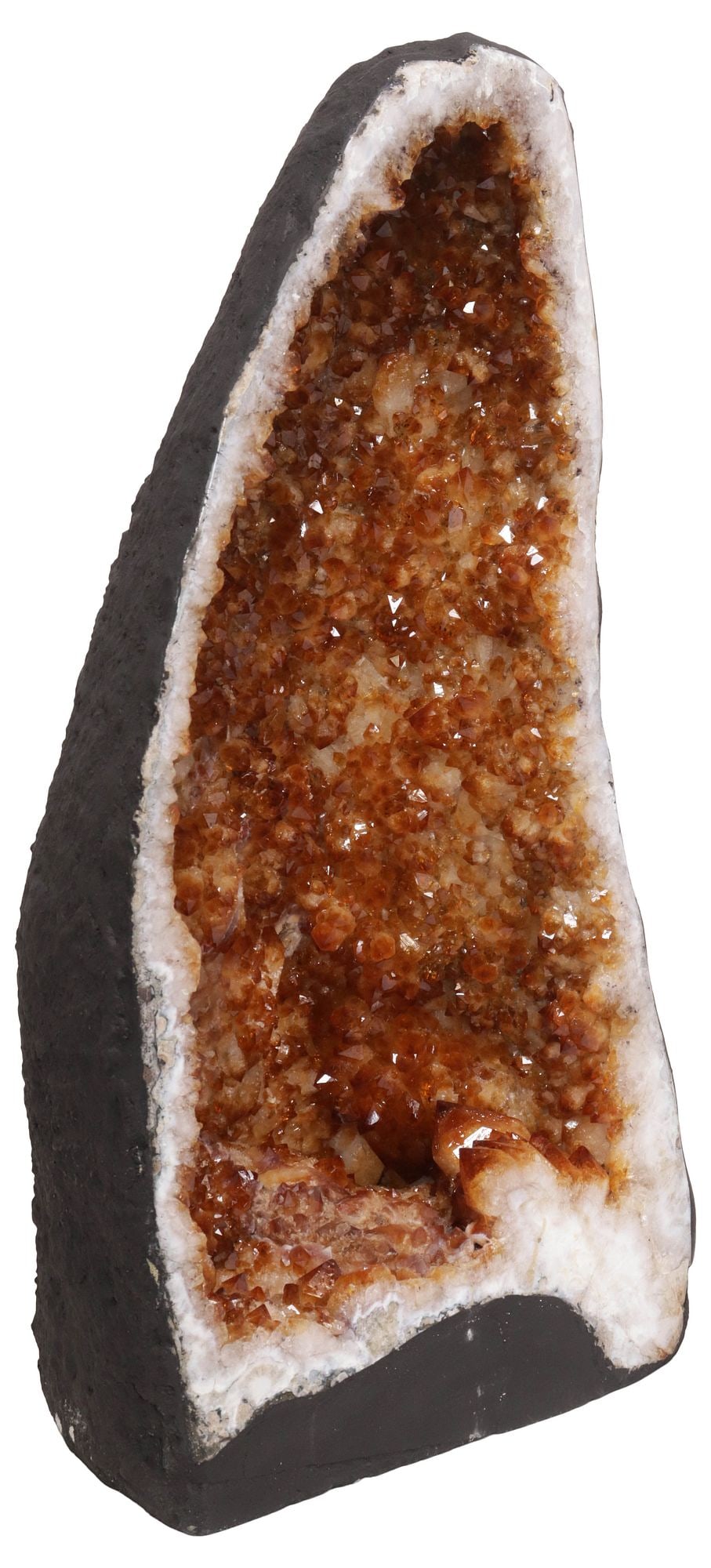 LARGE GEOLOGICAL ORANGE CRYSTAL CATHEDRAL GEODE, 19"H: Large geological crystal cathedral geode, orange in color, possibly citrine or heat-treated amethyst, approx 19"h, 9.5"w, 7.25"d, 35.5lbs