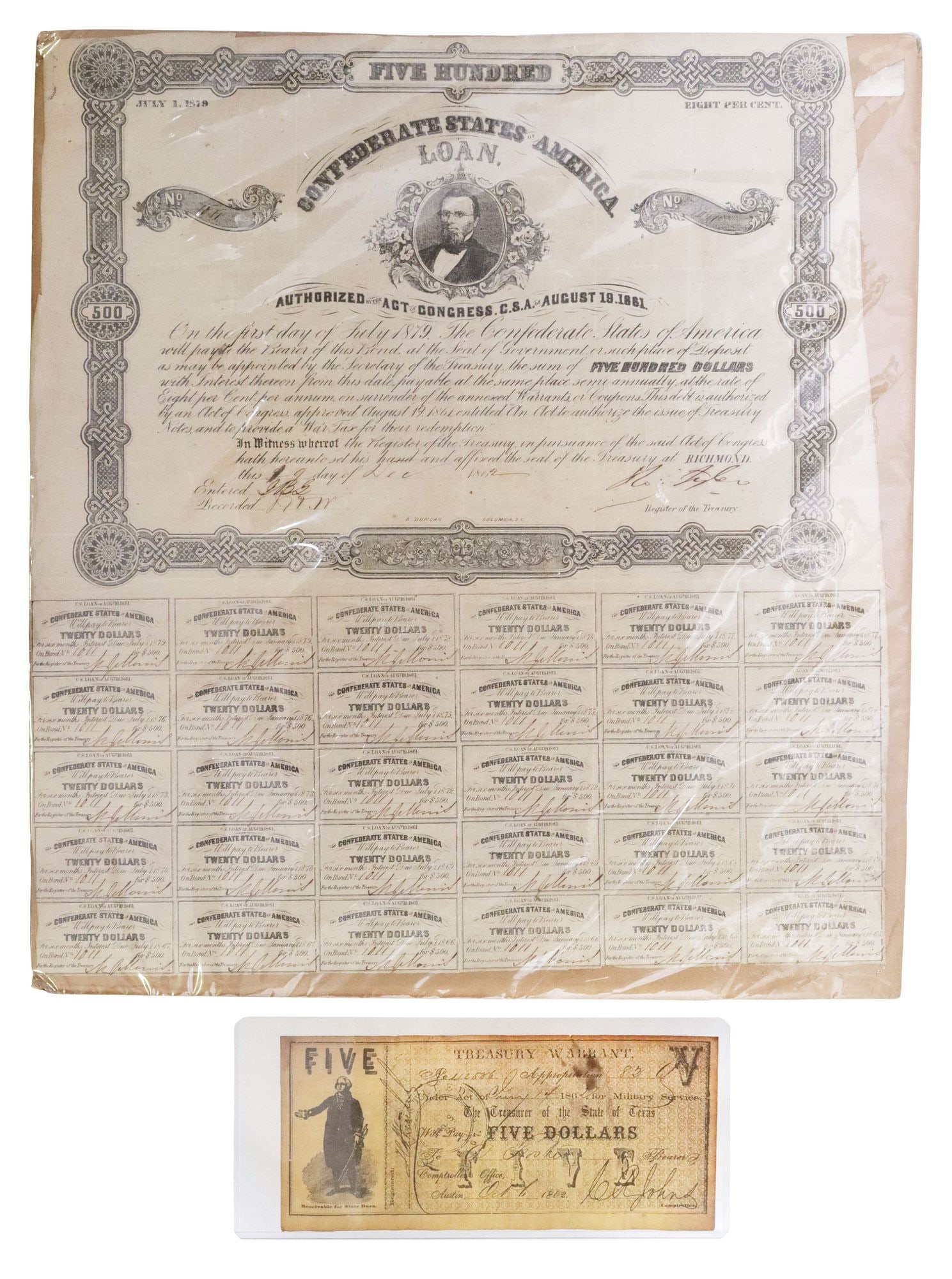 (2) CONFEDERATE TYLER SIGNED $500 BOND & TEXAS 1862 TREASURY WARRANT: (lot of 2) Confederate States of America bond, $500, issued December 19, 1862, signed by Robert Tyler (1816-1877), oldest son of the10th President of the United States John Tyler, Register of the