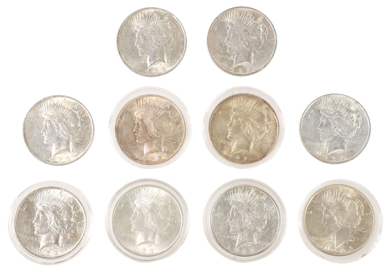 (10) U.S. PEACE SILVER DOLLARS: (lot of 10) U.S. Peace Silver Dollars: (9) 1923-P; (1) 1923-S **NOTE: ALL JEWELRY & COIN LOTS REALIZING OVER $1,000 MUST BE PAID BY BANK WIRE**