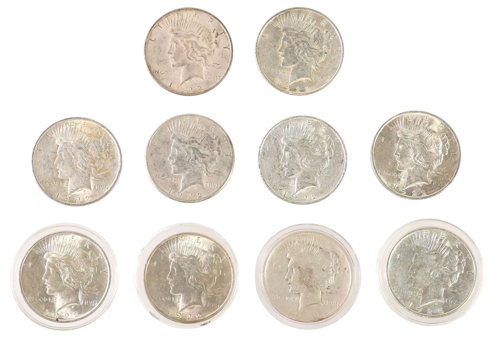 (10) U.S. PEACE SILVER DOLLARS: (lot of 10) U.S. Peace Silver Dollars: (1) 1921-P; (7) 1922-P; (1) 1922-D; (1) 1922-S **NOTE: ALL JEWELRY & COIN LOTS REALIZING OVER $1,000 MUST BE PAID BY BANK WIRE**