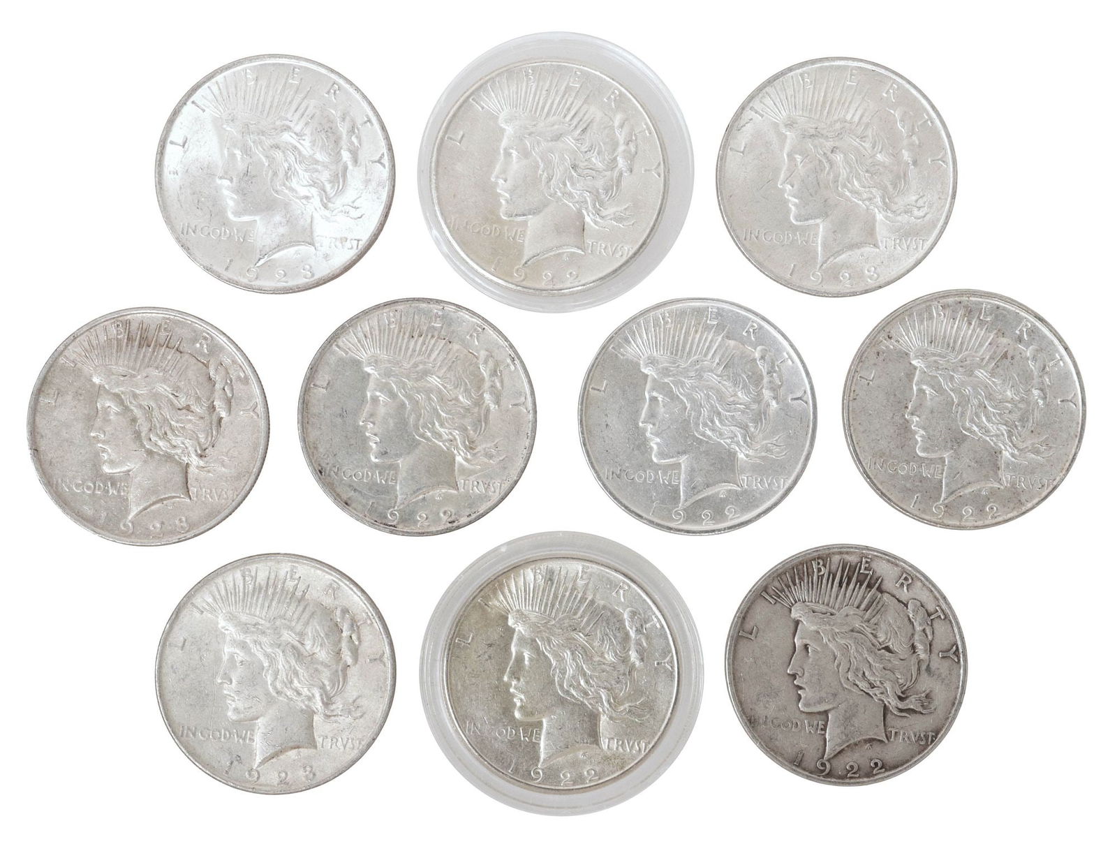 (10) U.S. PEACE SILVER DOLLARS: (lot of 10) U.S. Peace Dollars: (4) 1922-D; (2) 1922-S; (4) 1923-P **NOTE: ALL JEWELRY & COIN LOTS REALIZING OVER $1,000 MUST BE PAID BY BANK WIRE**