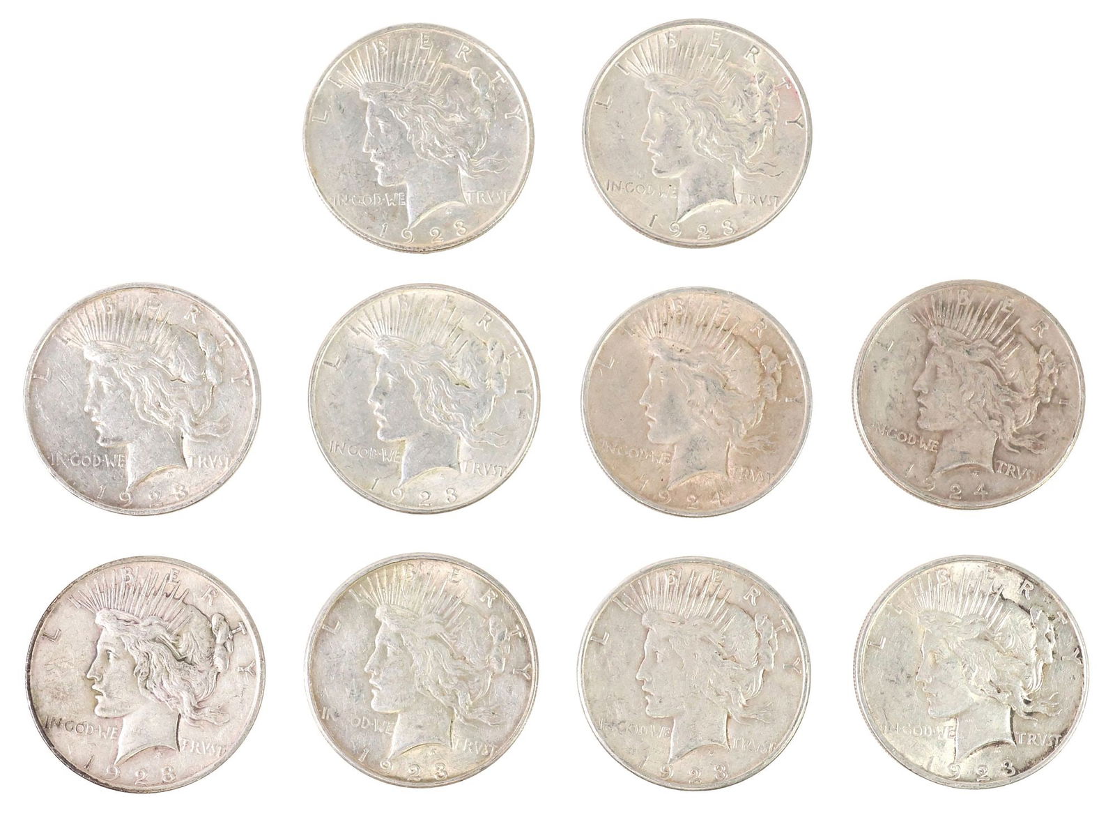 (10) U.S. PEACE SILVER DOLLARS: (lot of 10) U.S. Peace Silver Dollars: (6) 1923-D; (2) 1923-S; (2) 1924-P **NOTE: ALL JEWELRY & COIN LOTS REALIZING OVER $1,000 MUST BE PAID BY BANK WIRE**
