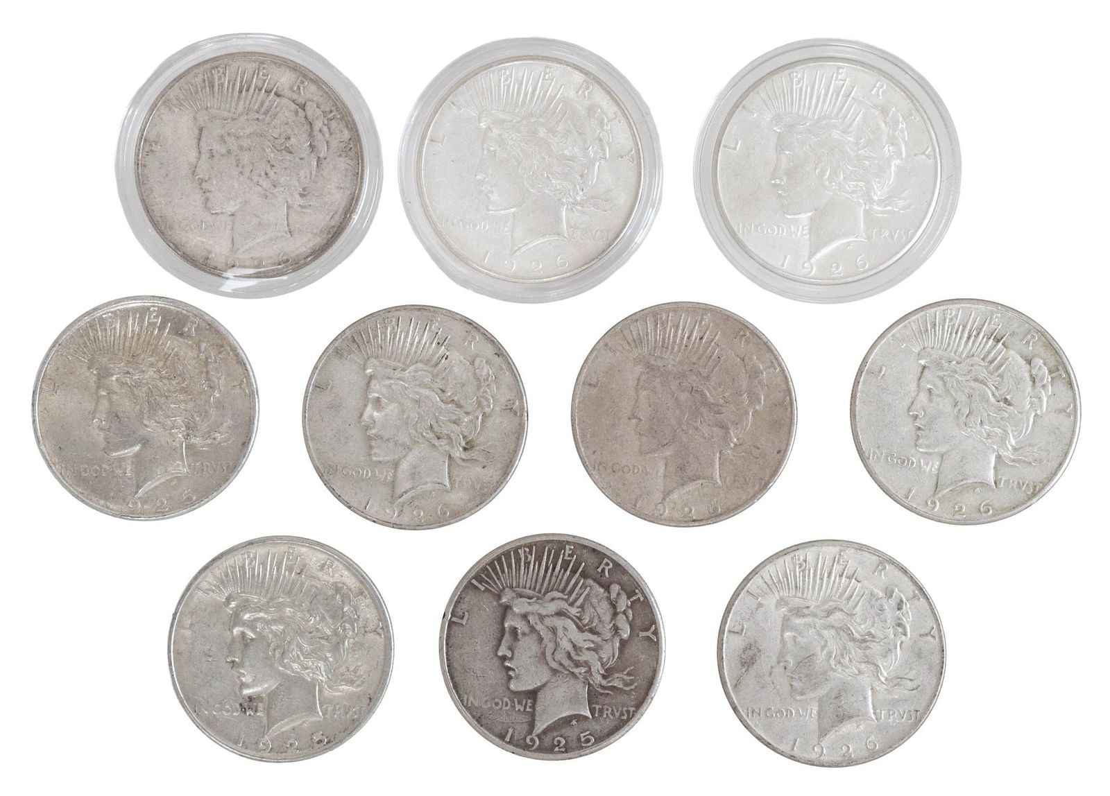 (10) U.S. PEACE SILVER DOLLARS: (lot of 10) U.S. Peace Silver Dollars: (2) 1925-P; (1) 1925-S; (7) 1926-S **NOTE: ALL JEWELRY & COIN LOTS REALIZING OVER $1,000 MUST BE PAID BY BANK WIRE**