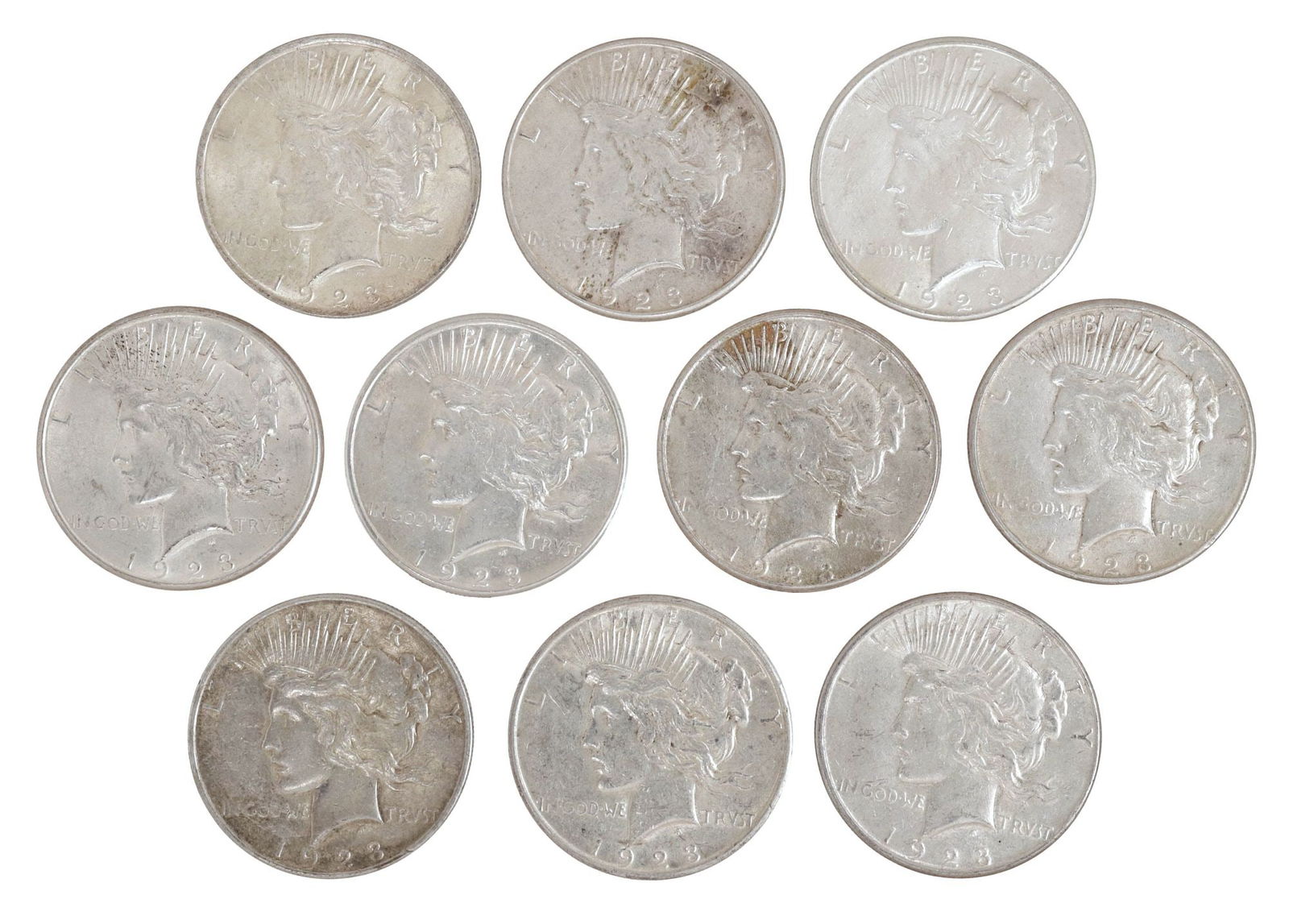 (10) U.S. PEACE DOLLARS: (lot of 10) U.S. Peace Silver Dollars: (1) 1923-P; (1) 1923-D; (8) 1923-S **NOTE: ALL JEWELRY & COIN LOTS REALIZING OVER $1,000 MUST BE PAID BY BANK WIRE**