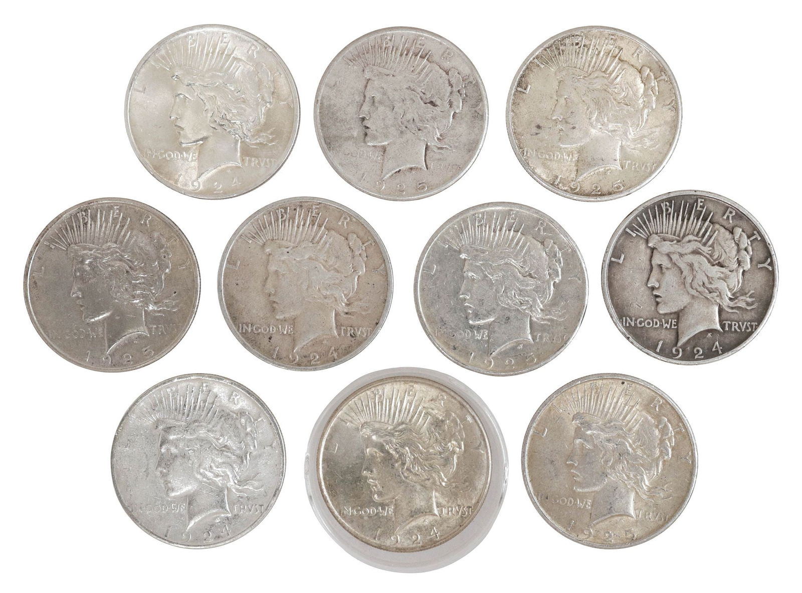 (10) U.S. PEACE SILVER DOLLARS: (lot of 10) U.S. Peace Silver Dollars: (4) 1924-P; (1) 1924-S; (4) 1925-P; (1) 1925-S **NOTE: ALL JEWELRY & COIN LOTS REALIZING OVER $1,000 MUST BE PAID BY BANK WIRE**