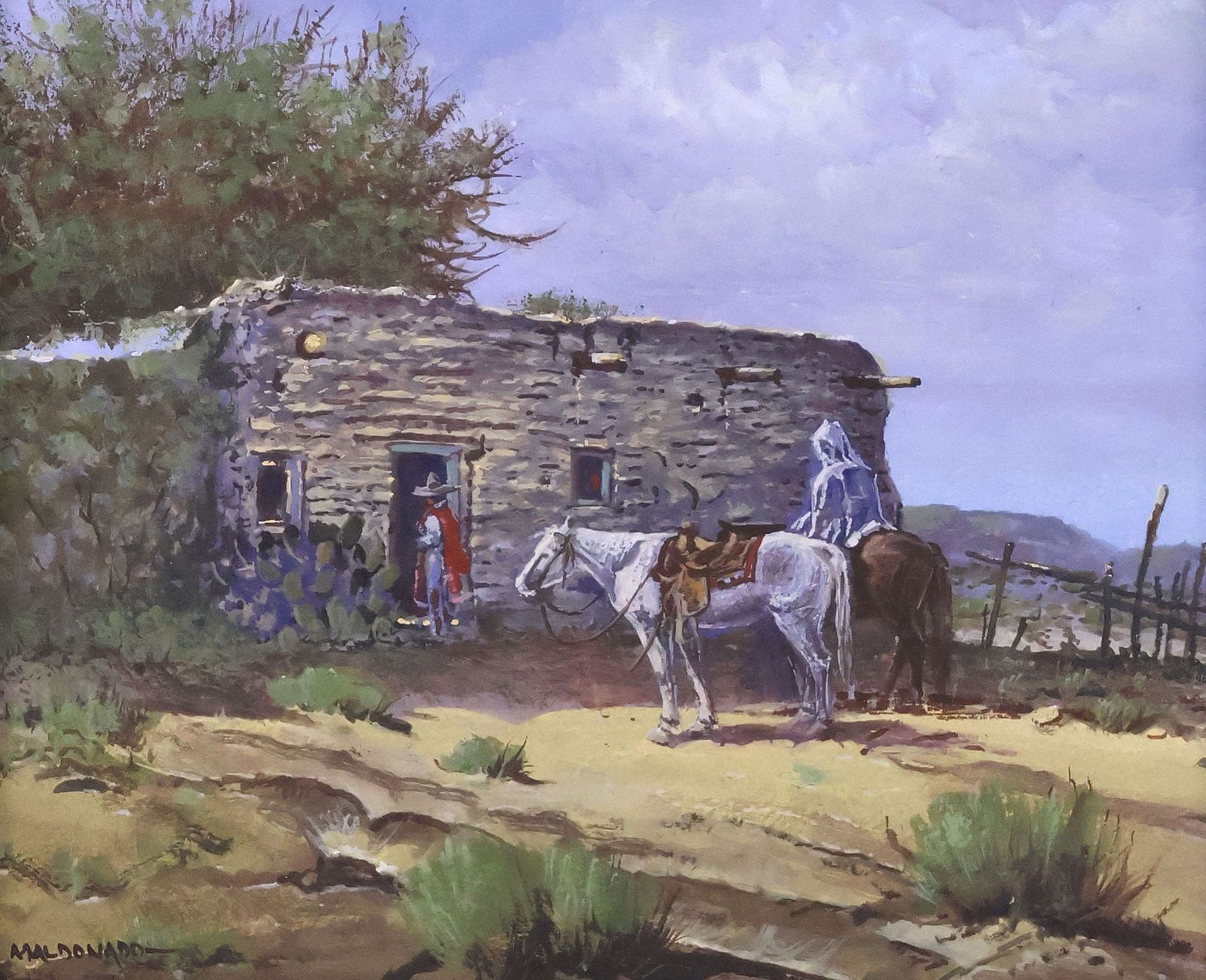 DANIEL MALDONADO (1940-2019), WESTERN PAINTING, THE VISITORS: Framed gouache painting on paper, The Visitors, signed lower left Maldonado (Daniel Maldonado, Texas, 1940-2019), sight: approx 9.5"h, 11.5"w, overall: approx 17.5"h, 19.5"w, 5.25lbs