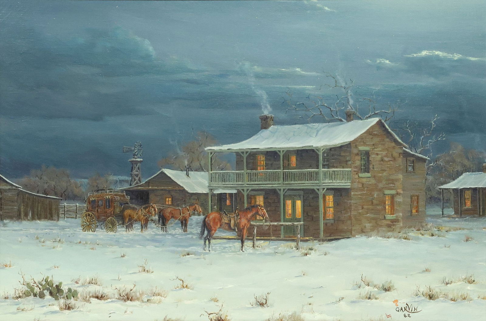 BARBARA GARVIN (1936-2006) PAINTING, 'WINTER'S WARMTH,' 24" X 36": Framed oil on canvas painting, "Winter's Warmth," signed lower right B.R. Garvin (Barbara Ruth Garvin, California, 1936-2006), titled and dated 1969 with additional artist's signature verso, sight: