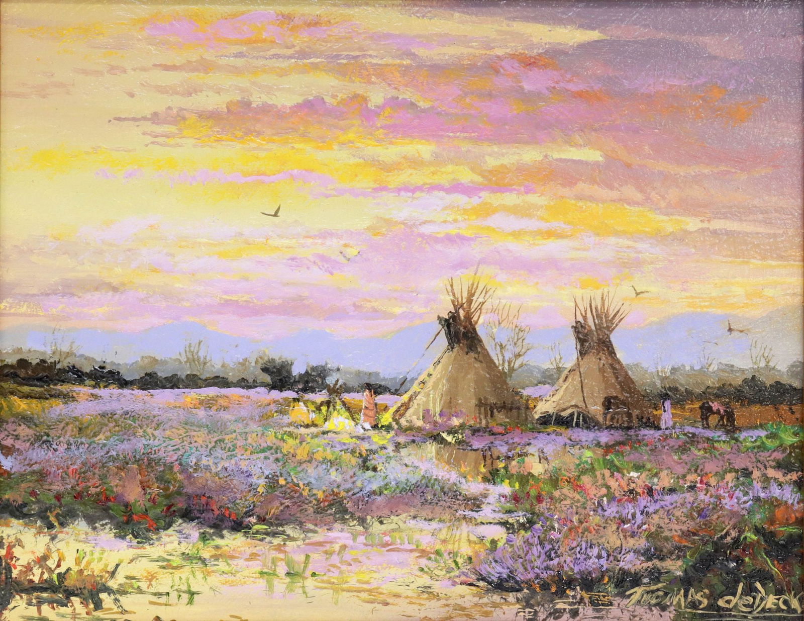 THOMAS deDECKER (B.1951) OIL PAINTING, 'BLACKFOOT CAMP' 8" X 10": Framed oil on board painting, "Blackfoot Camp," signed lower right Thomas deDecker (American, b.1951), titled and dated 2025 with additional artist's signature verso, sight: approx 7.5"h, 9.5"w,