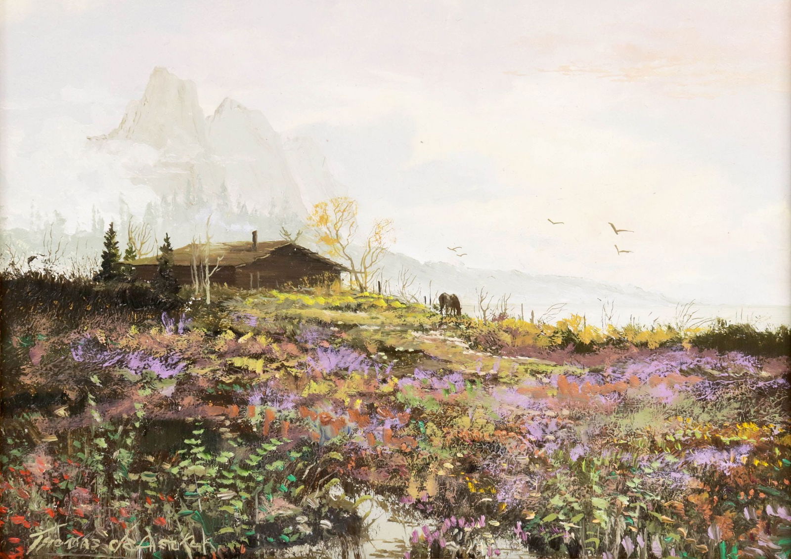 THOMAS deDECKER (B.1951) OIL PAINTING, 'TRAPPER'S CABIN CIRCA 1870' 9" X 12": Framed oil on board painting, "Trapper's Cabin Circa 1870," signed lower left Thomas deDecker (American, b.1951), titled and dated 2025 with additional artist's signature verso, sight: approx 8.5"h,